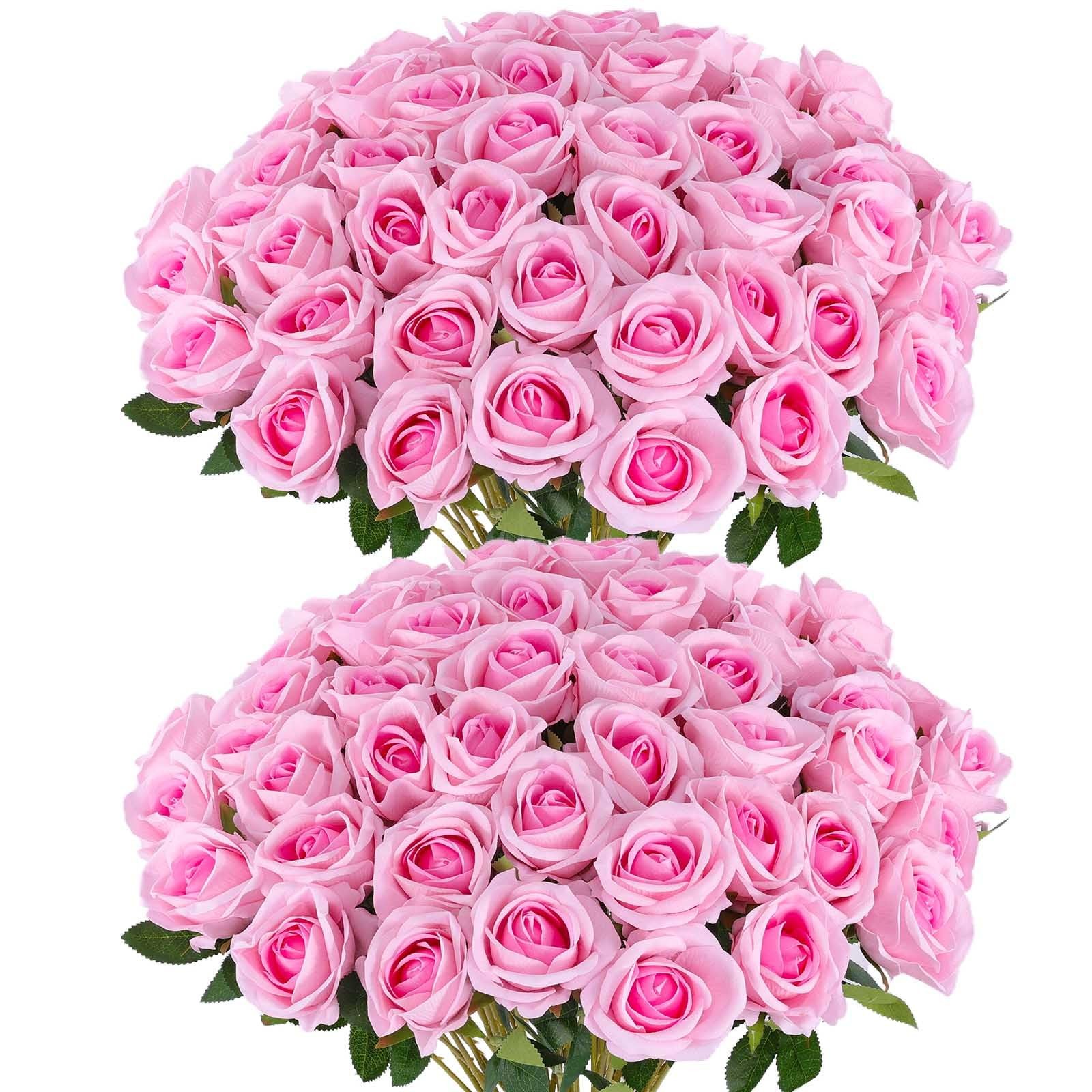 50 PCS Pink Artificial Roses Bulk Fake Silk Flowers For Wedding Centerpieces