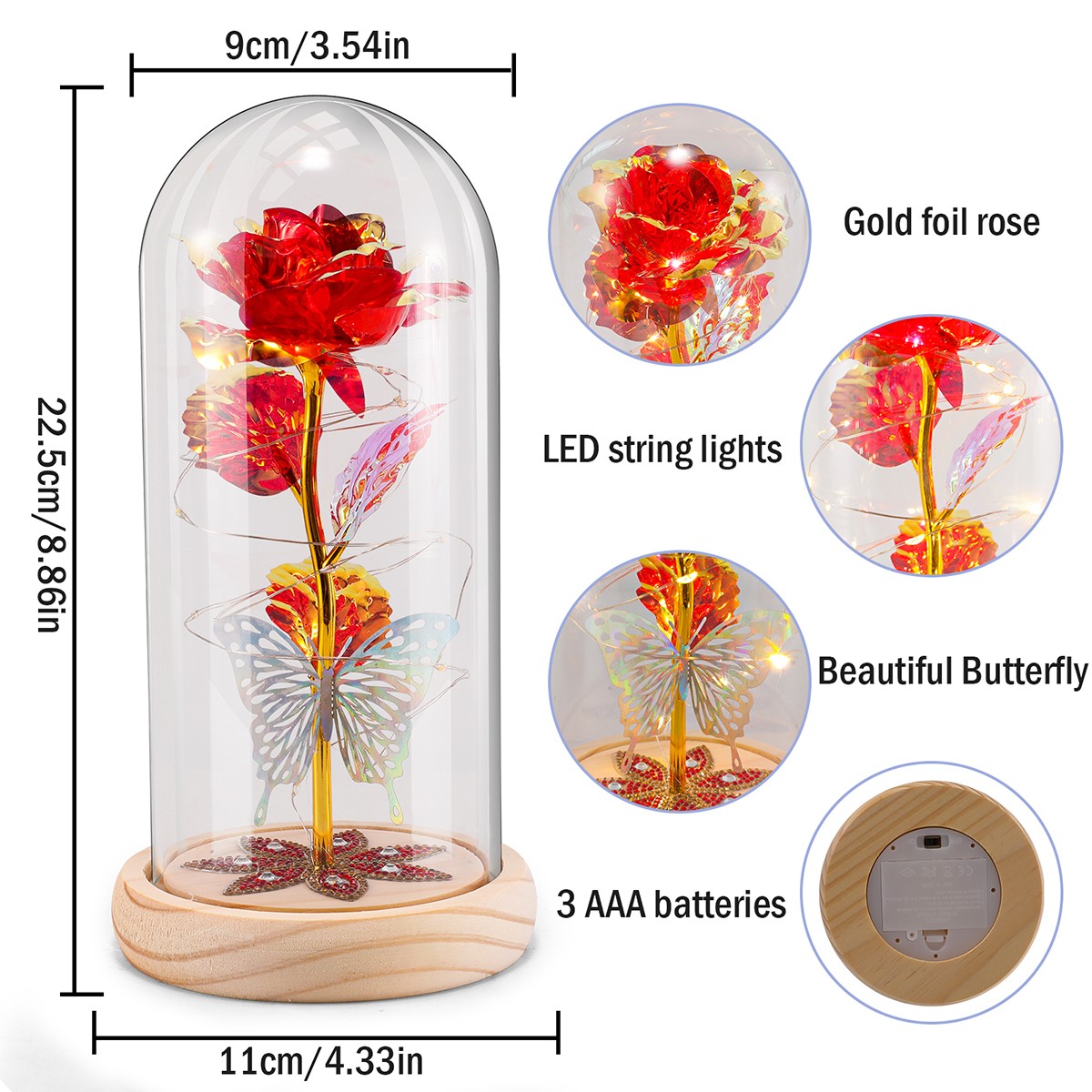 Glass Rose in Glass Dome, Light up Flower, Eternal Roses Christmas Birthday Gift
