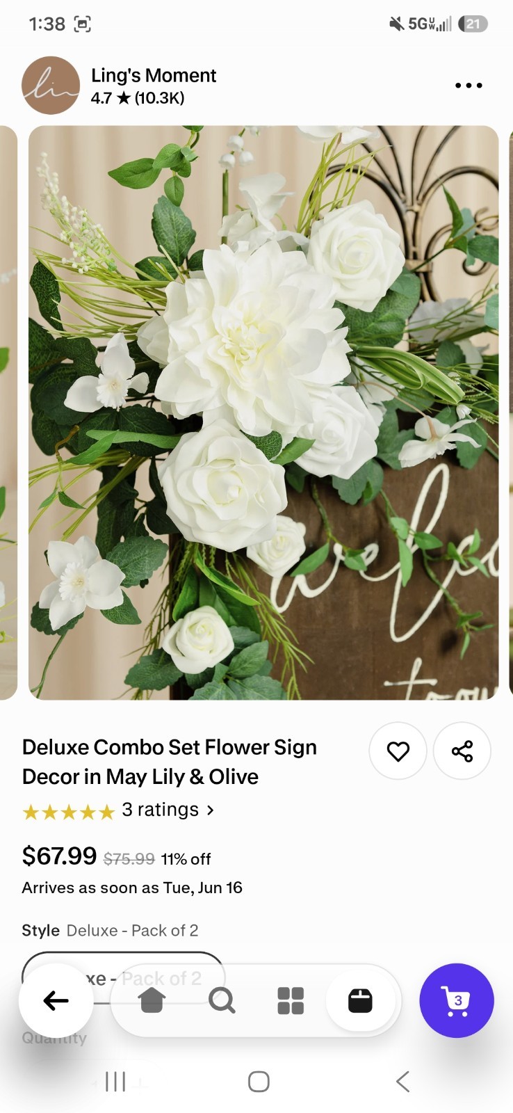 Ling’s Moment Artificial Lily & Olive Wall Flower Decor 2-Pack 26x22x6 in