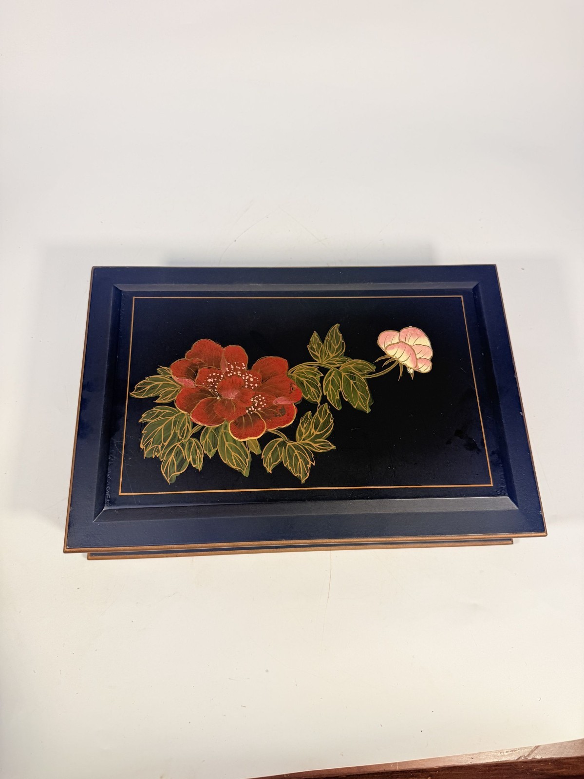 Jewlery Box Embossed Flowers Chinoiserie Oriental Boudoir Table Home Decor Black