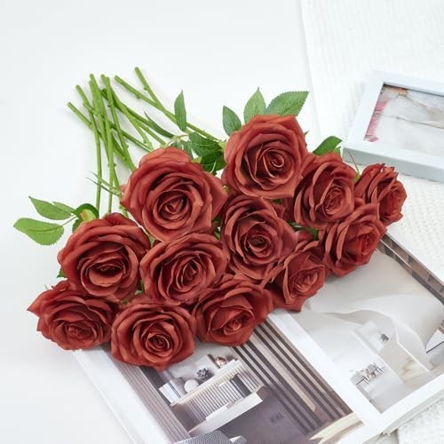 50pcs Burnt Orange Artificial Roses – Realistic Silk Flowers for Wedding, Home &