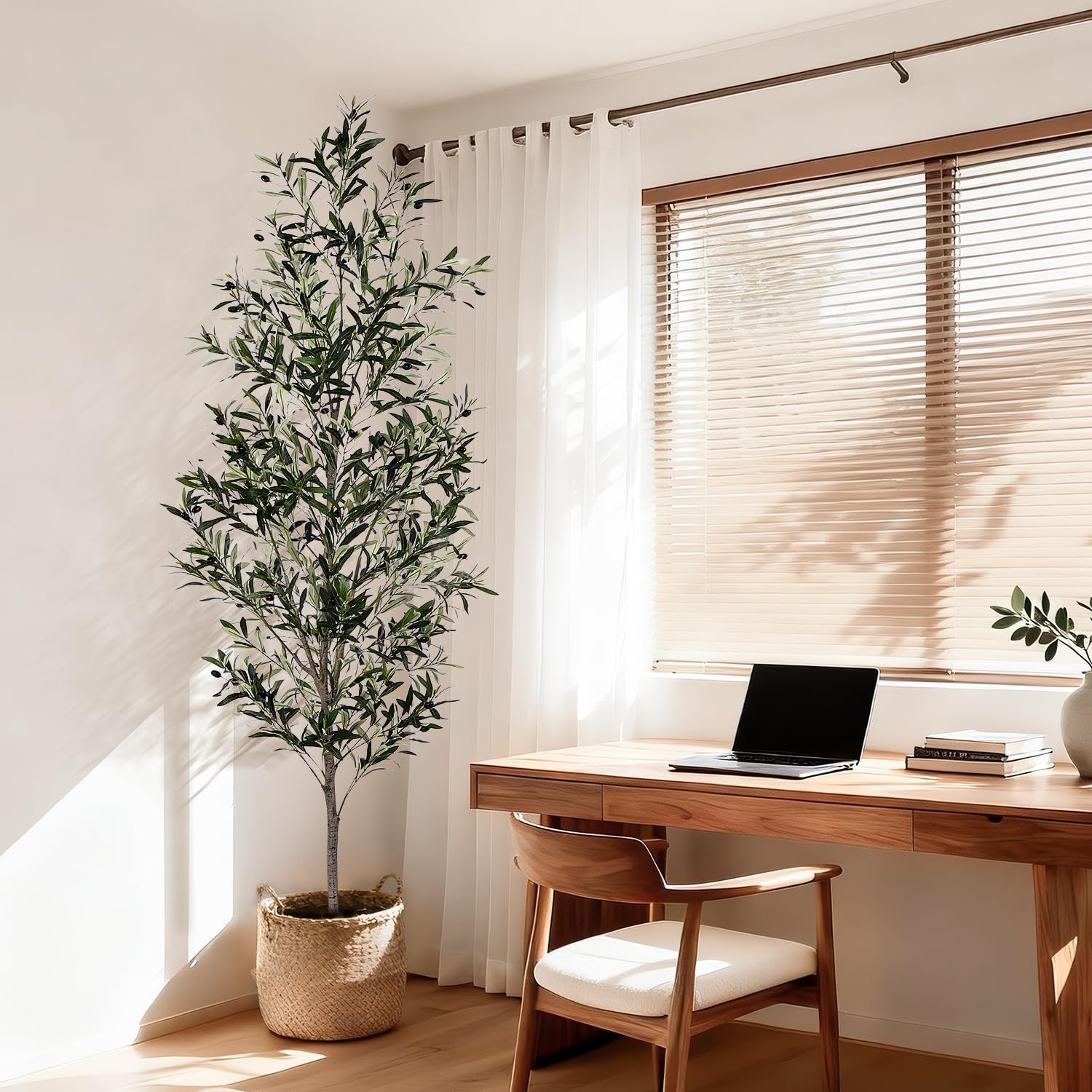 Olive Tree, 7FT Artificial Indoor Tall Faux Olive Trees w/Planter & Natural Wood