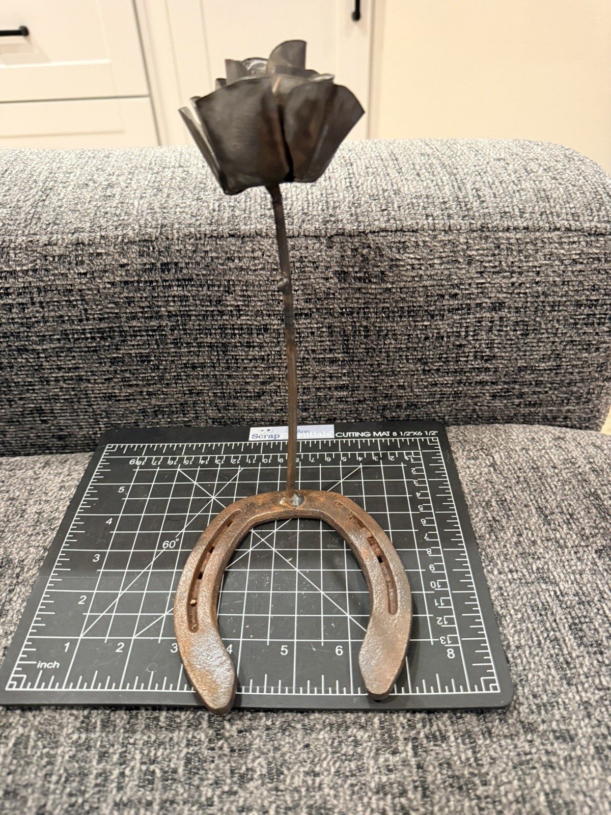 Handcrafted Custom Welded Metal Single Rose on Horseshoe