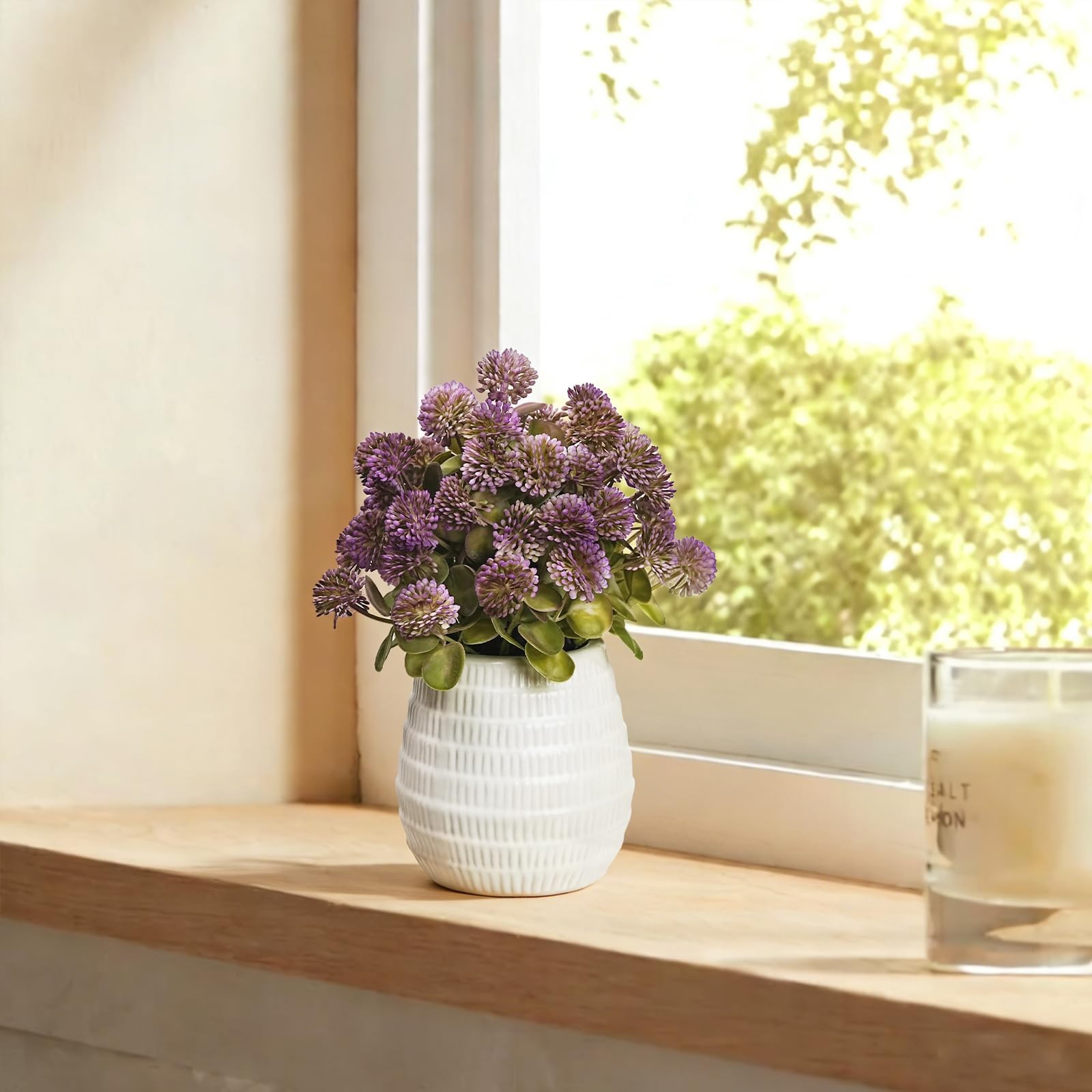 Mauve Artificial Flower Balls in White Ceramic Vase – 11″ Fake mums Arrangeme…
