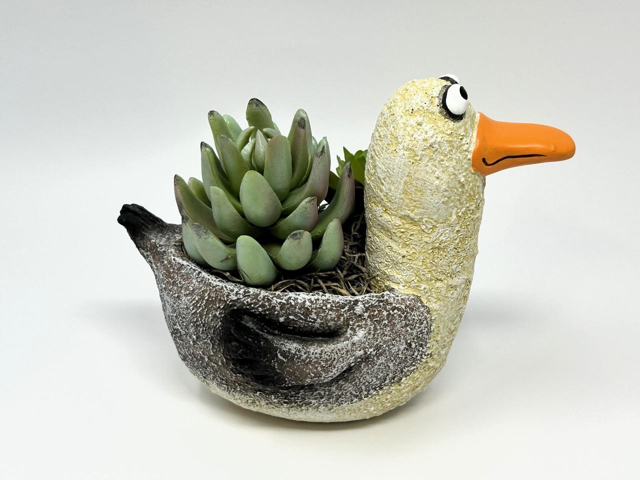 6.5″ Potted Lg SEAGULL Blob House pot with Artificial Senecio & Echeveria Cabbag