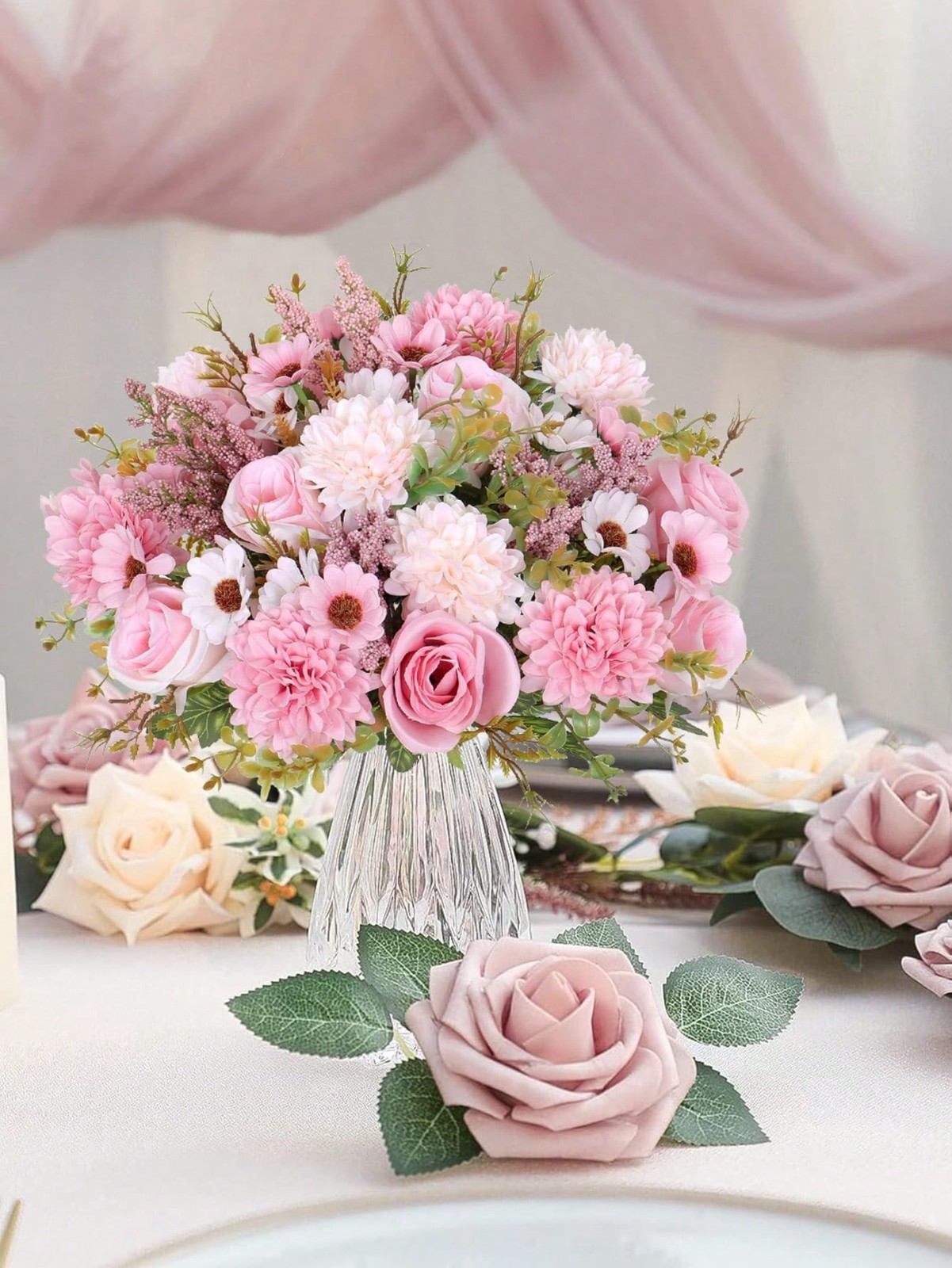 Pink Artificial Silk Flower Bouquet One Size For Home Wedding Decor