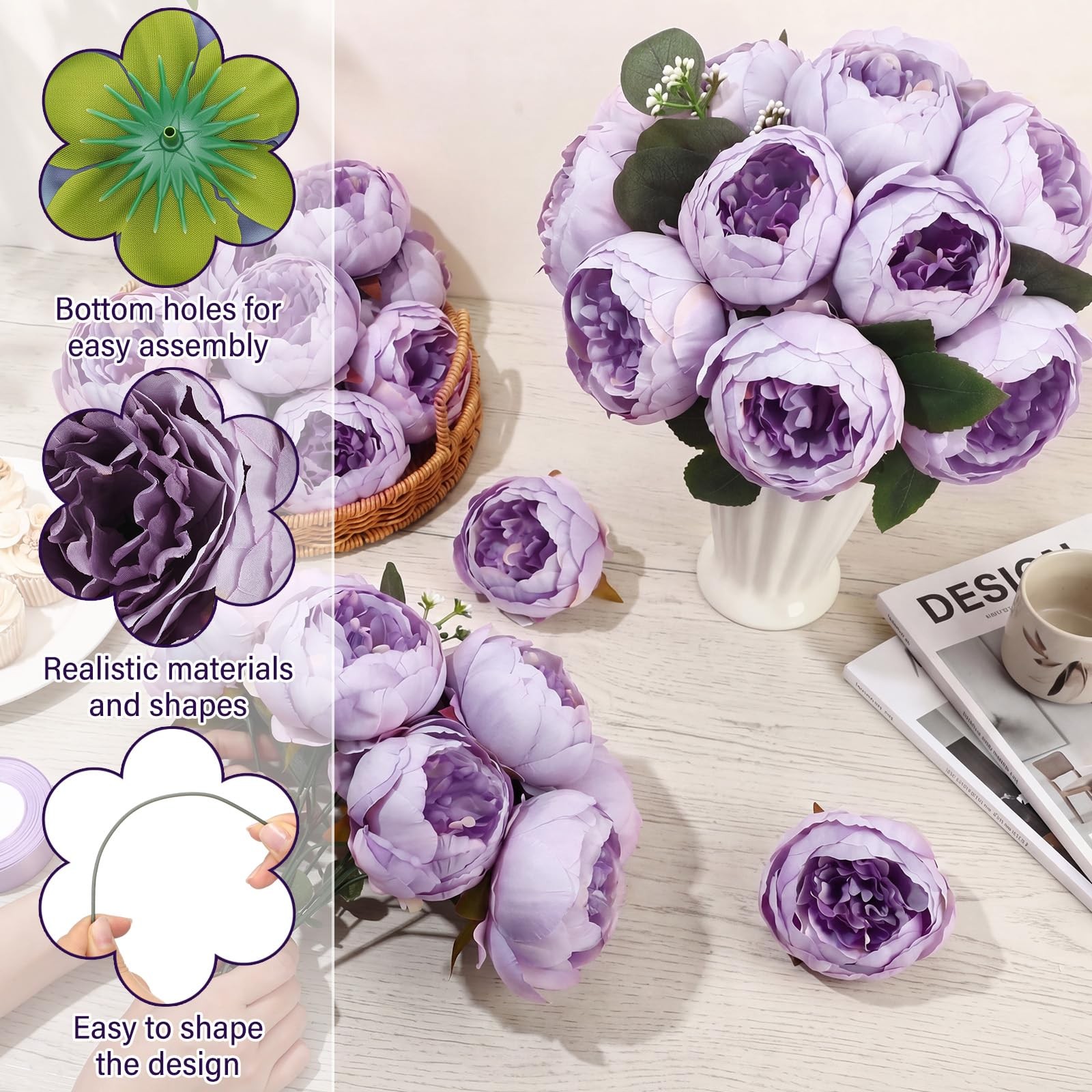 100 Pcs Artificial Peony Flower Bulk Silk Peony Flowers Heads with Stems Real…