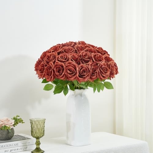 50pcs Burnt Orange Artificial Roses – Realistic Silk Flowers for Wedding, Home &