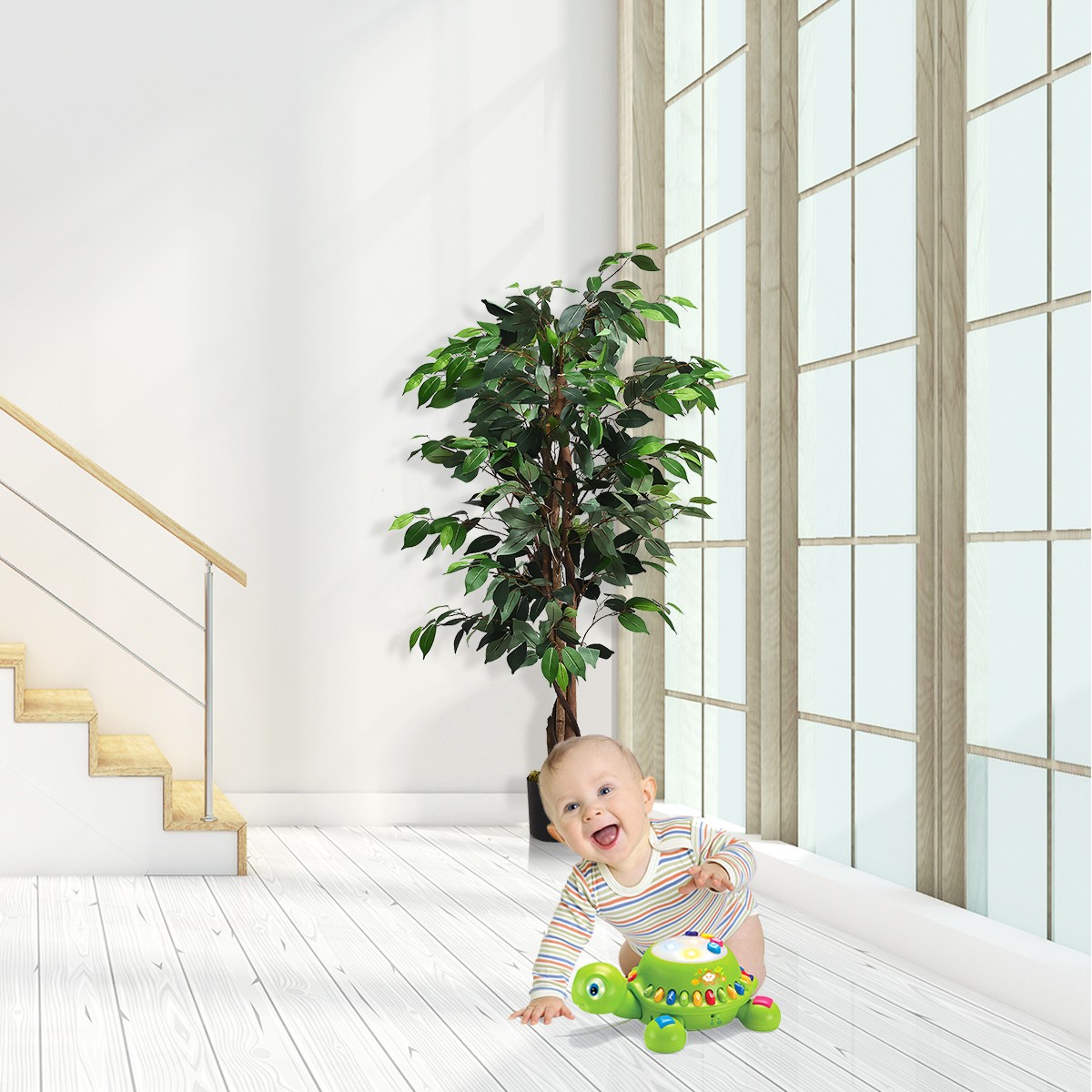 4 Feet Artificial Ficus Silk Tree Living Room Decoration Wood Trunks Green