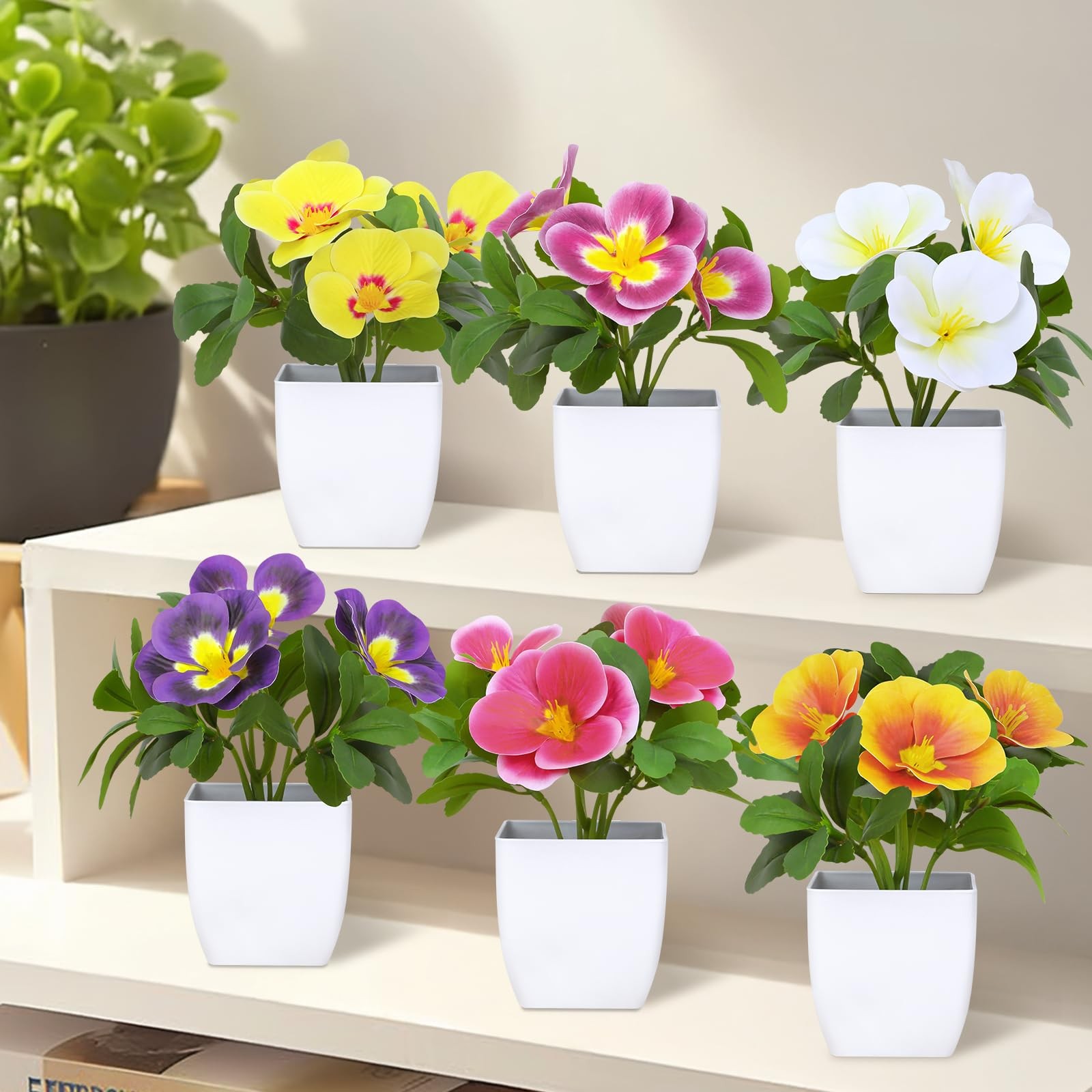 6 PCS 5.9 Inch Artificial Pansy Flowers Pots Mini Fake Plants Decor Greenery