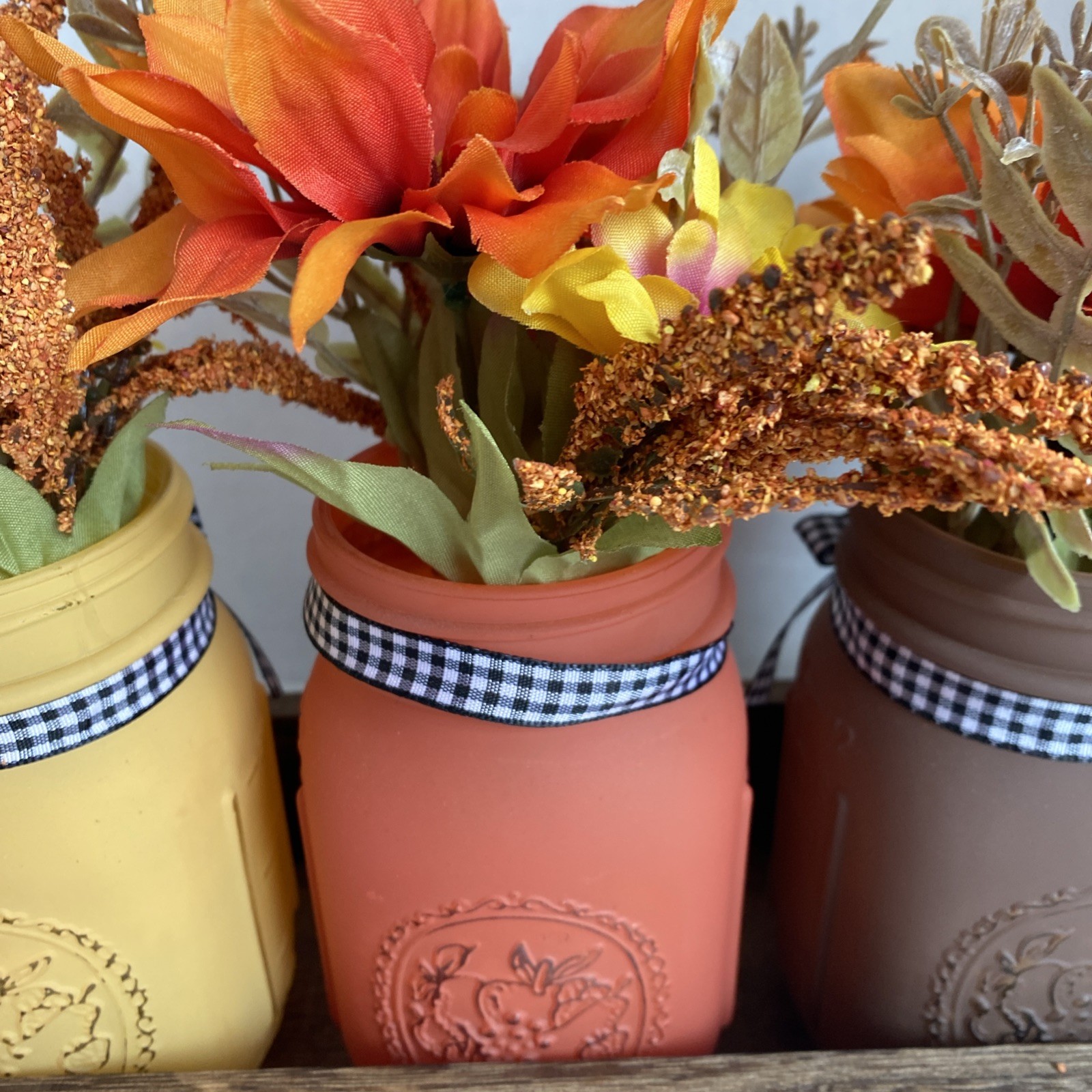 Painted Mason Jars Floral Decor In Tray Light Weight Fall Colors Checked Bows