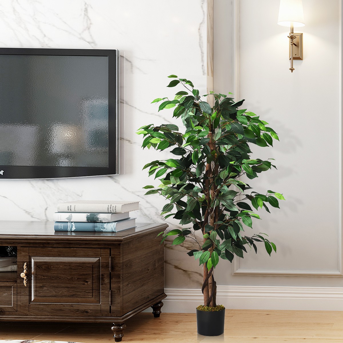 4 Feet Artificial Ficus Silk Tree Living Room Decoration Wood Trunks Green