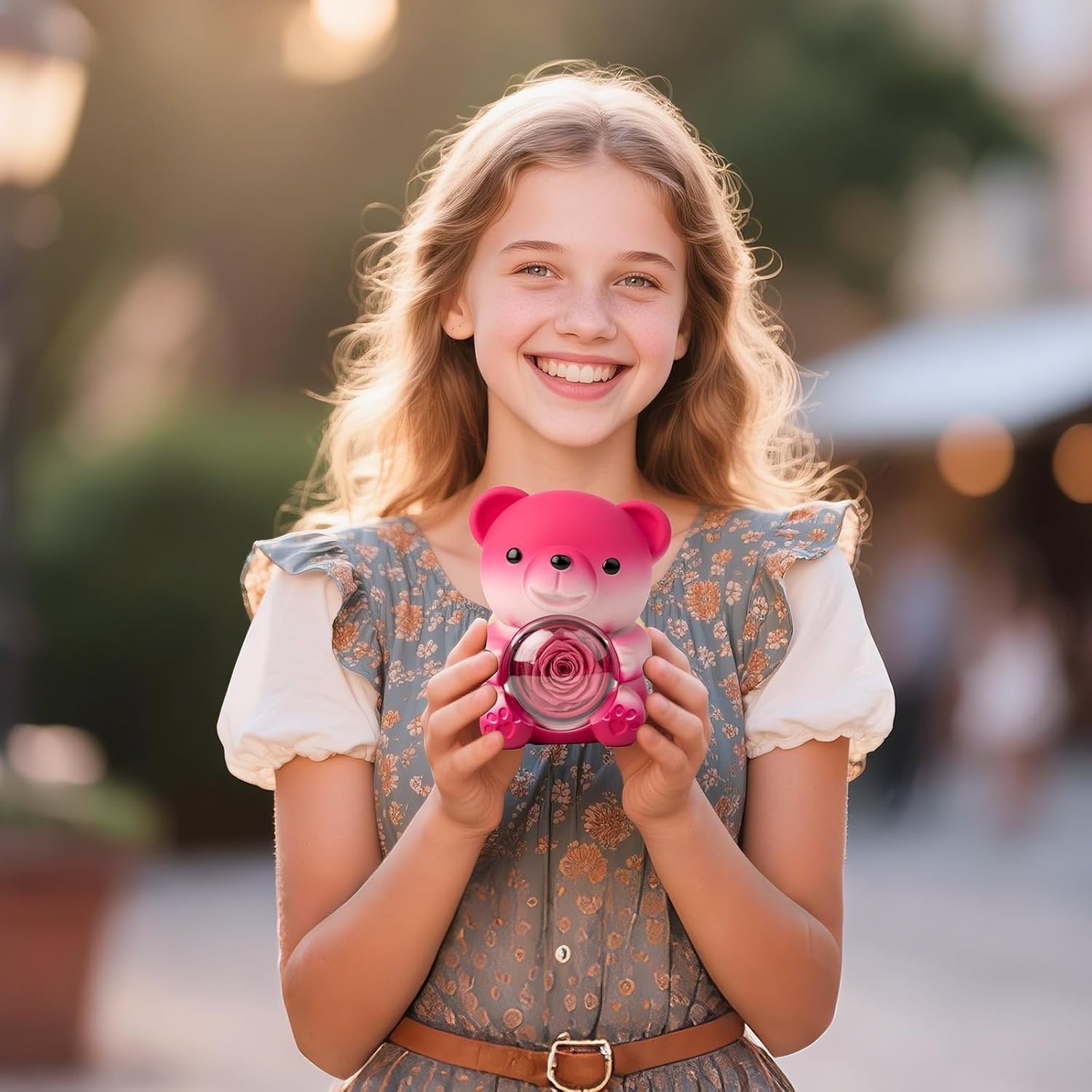 Cute Teddy Bear with Preserved Rose and Necklace, Elegant Bear Roses Gifts with