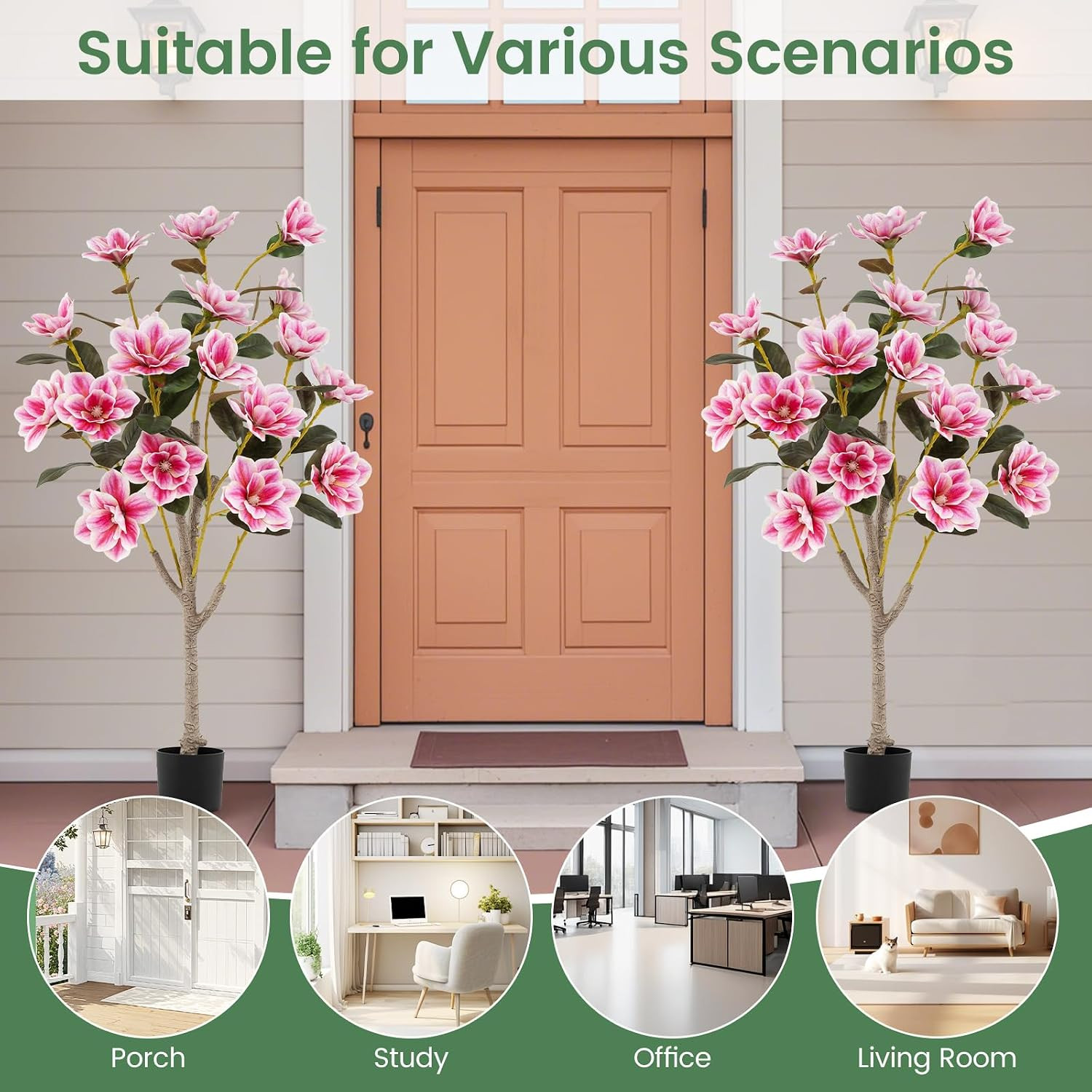 51” Artificial Magnolia Tree, Faux Flower Plant with PEVA Leaves, Multi-Branch T