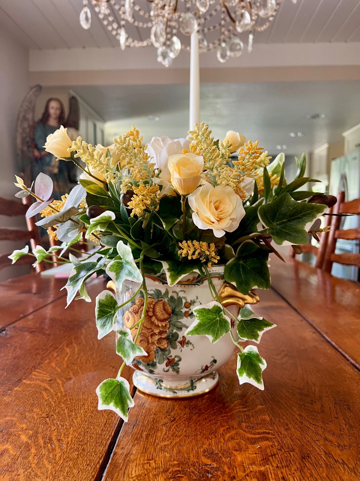 Floral Arrangement- Silk With Vase Antique Limoges Hand Painted w Roses & Ivy