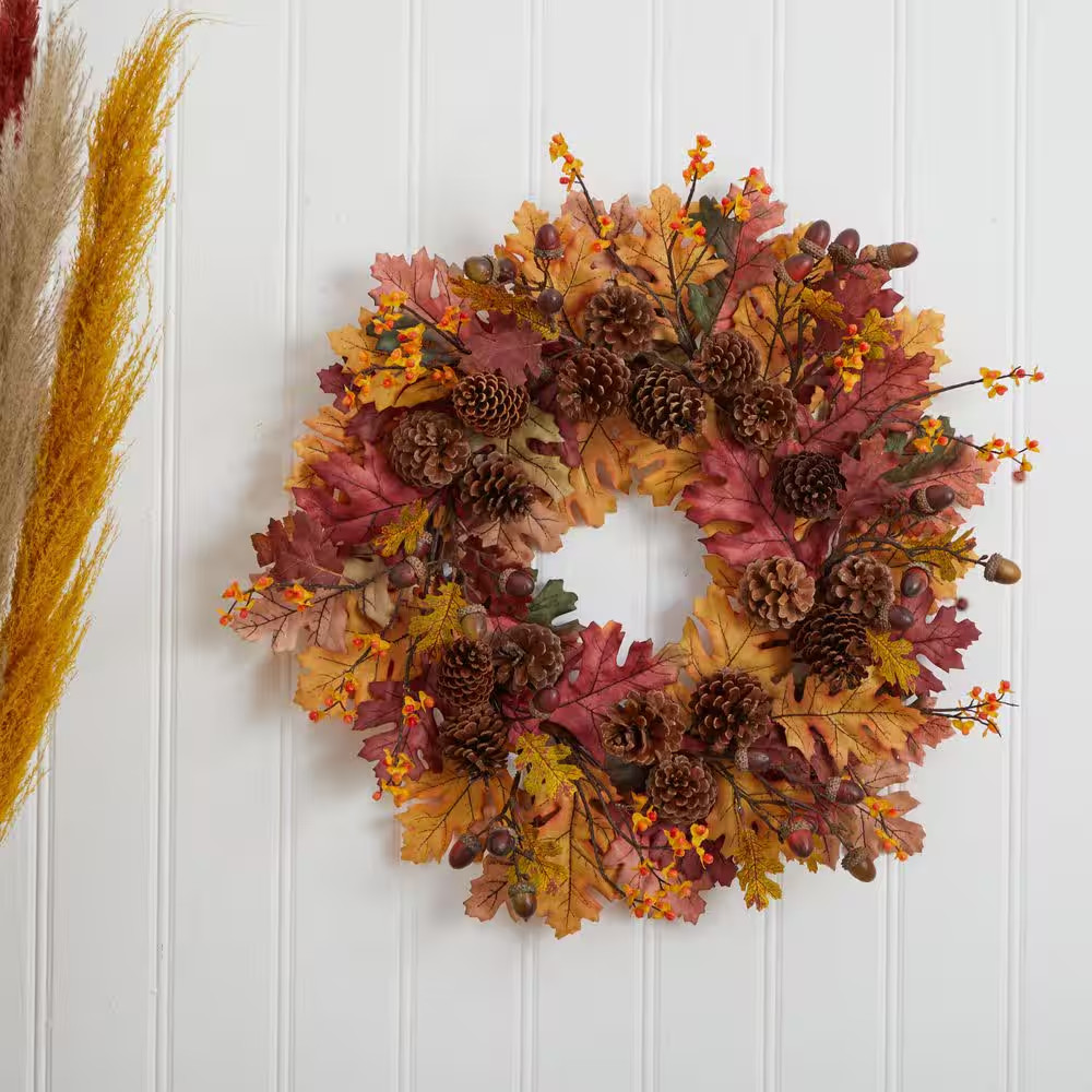 24 In. Artificial Oak Leaf, Acorn and Pine Wreath