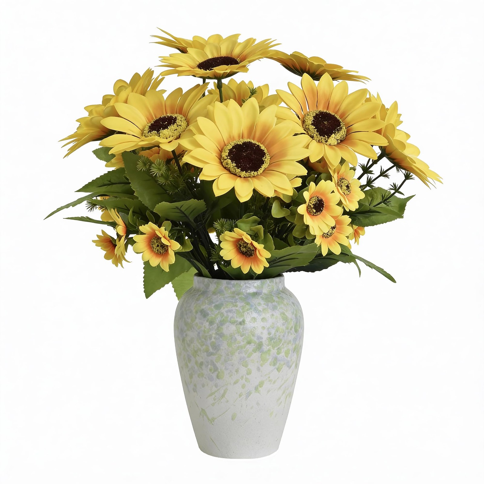 14″ Artificial Sunflowers Arrangement in Green & Blue Speckled Ceramic Vase â€“