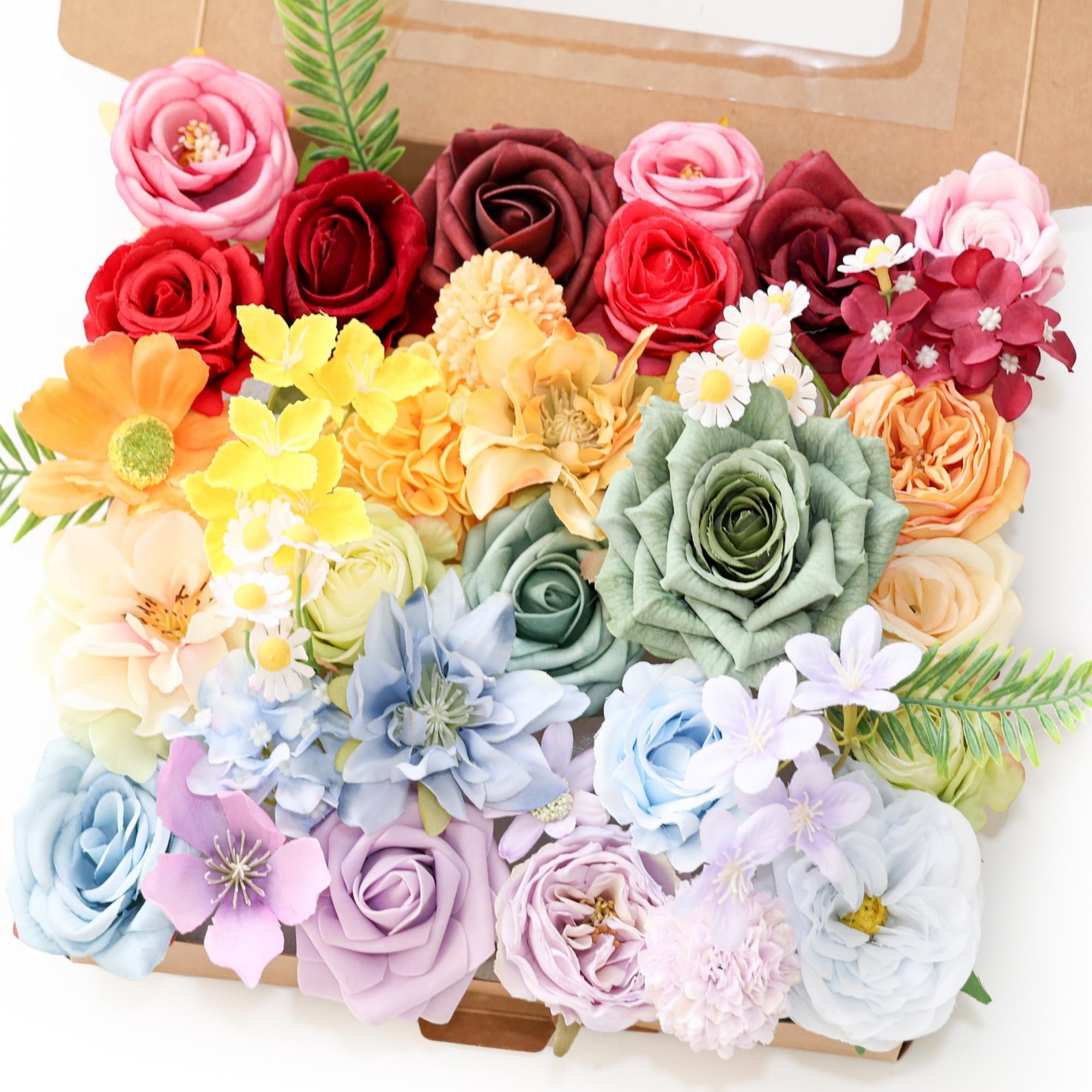 38 PCS Rainbow Artificial Silk Flowers Box Set DIY Wedding Bridal Bouquet