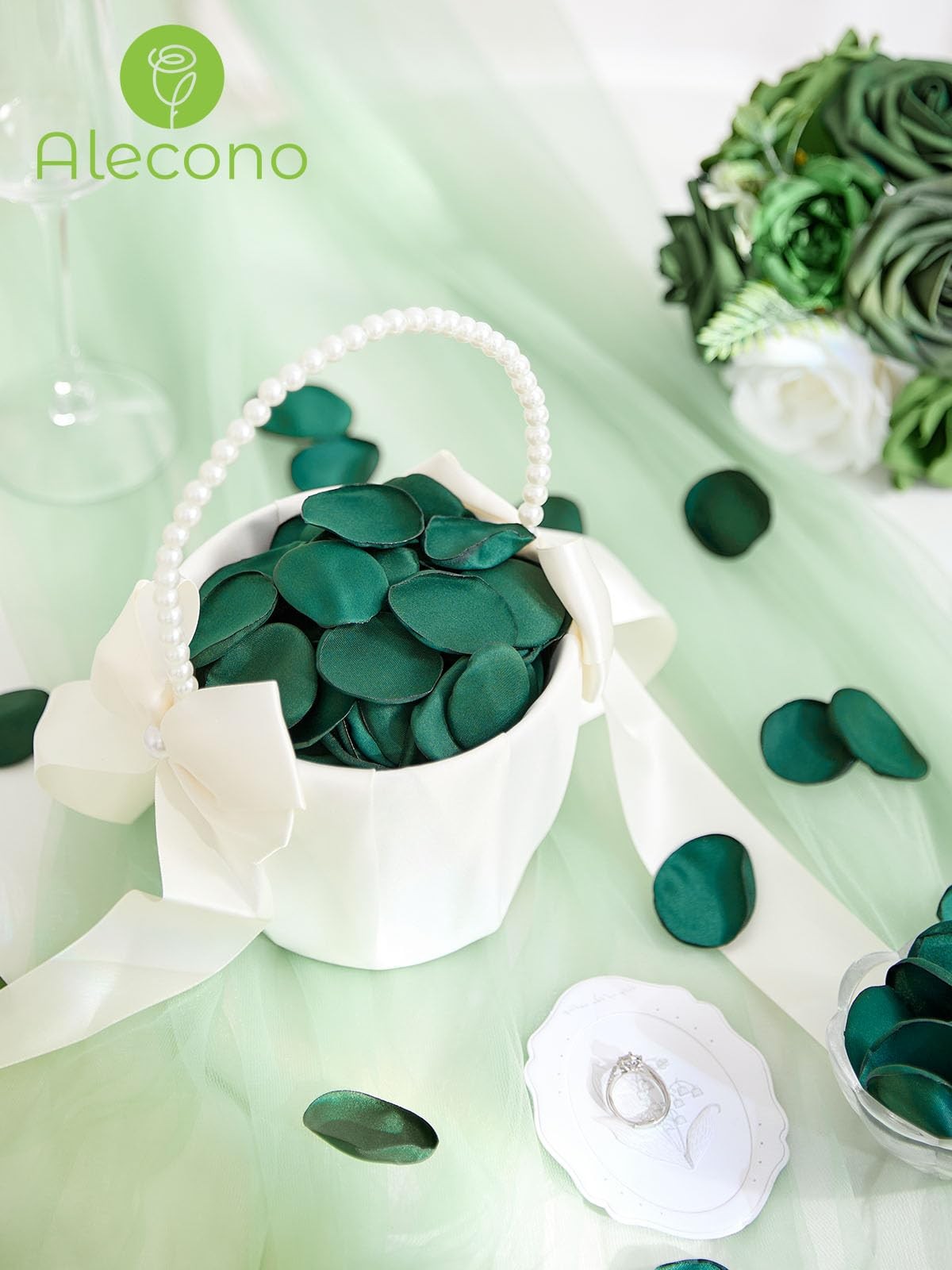 400 PCS Dark Green Silk Rose Petals Fake Flower Girl Basket Wedding Decor