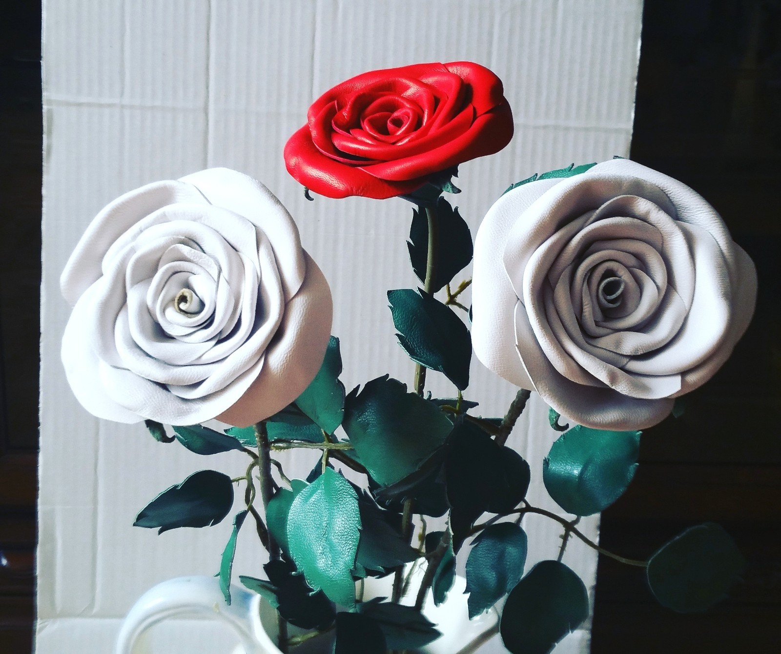 3rd Anniversary Wedding Gift Leather rose bouquet Long Stem white Flowers