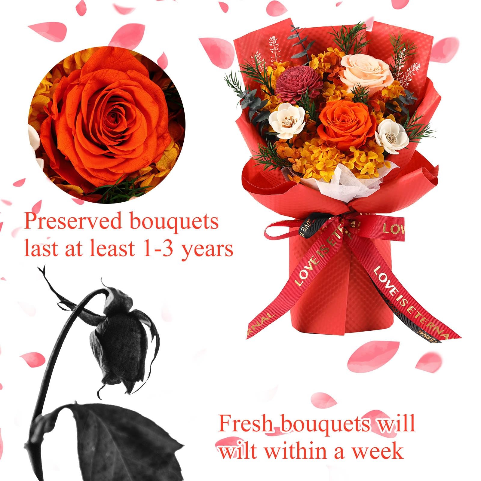 Preserved Orange Roses Bouquets Delivery Anniversary Birthday Flower Gift