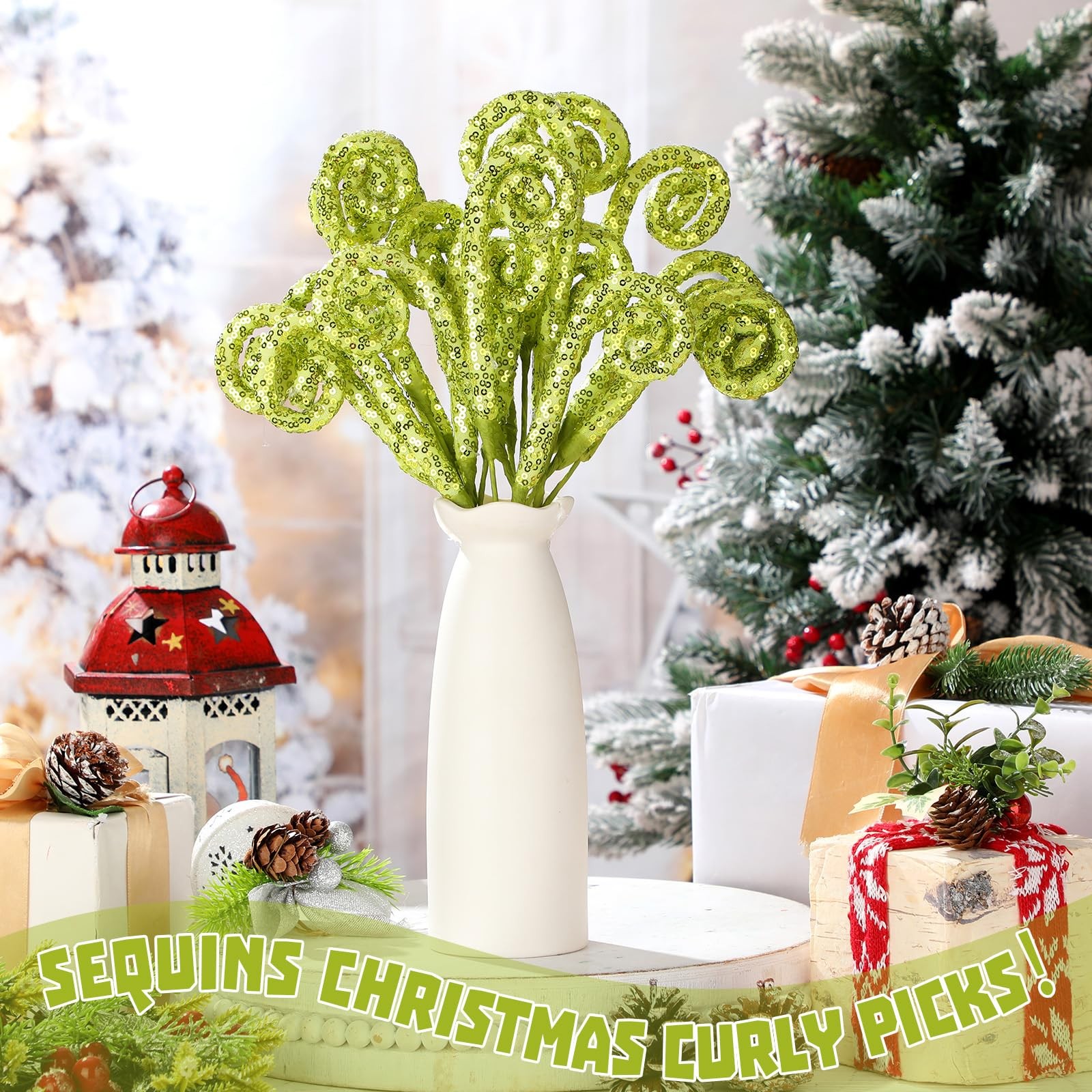 6 Pcs Christmas Glitter Picks Lime Green Sequins Curly 13.8 Inch Christmas Tr…