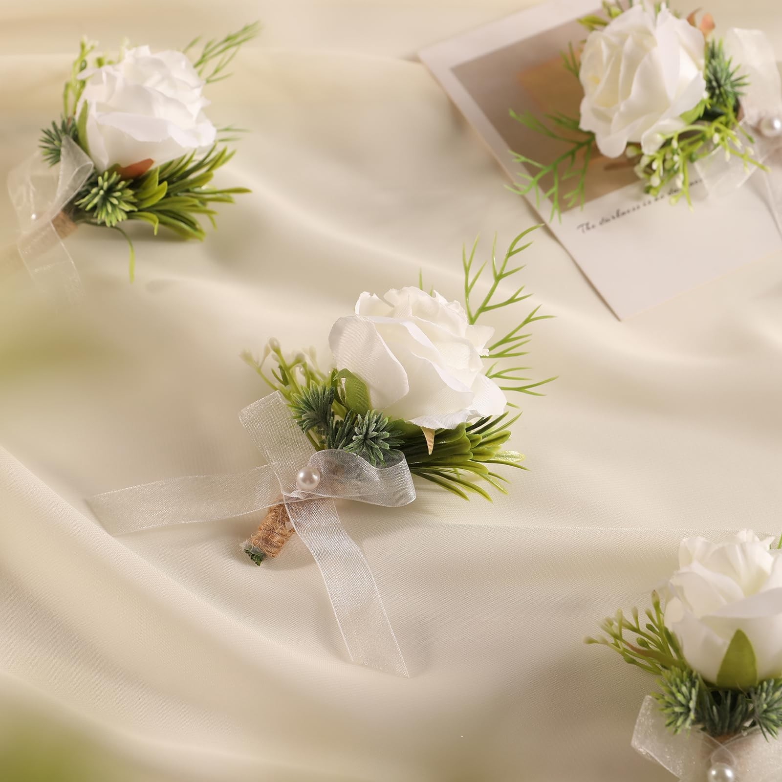 2pcs White Rose Boutonniere for Men Artificial Rose Flower for Wedding Flower…