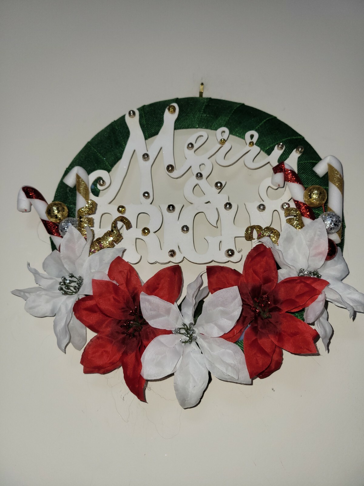 MERRY and BRIGH red poinsettias Mesh Front Door Wreath Wall Decoration CHRISTMAS