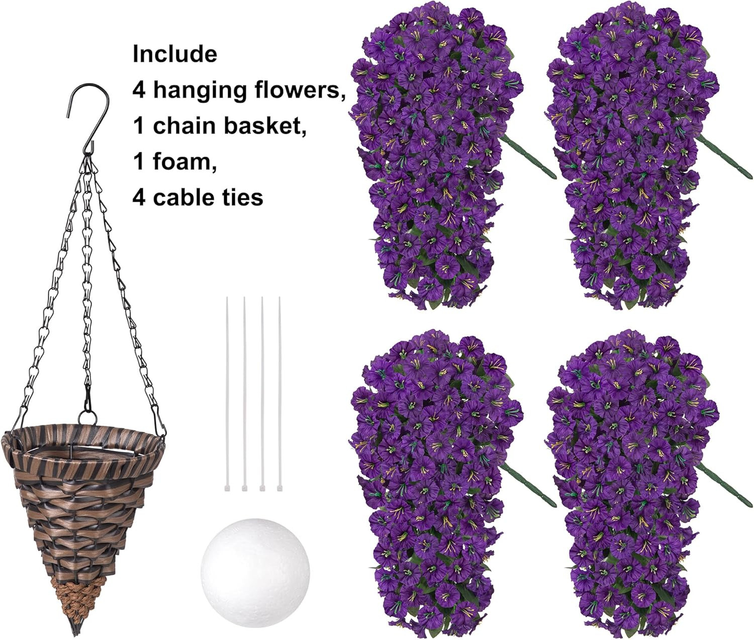 UV Resistant Faux Purple Morning Glory Hanging Basket for Outdoor Decor