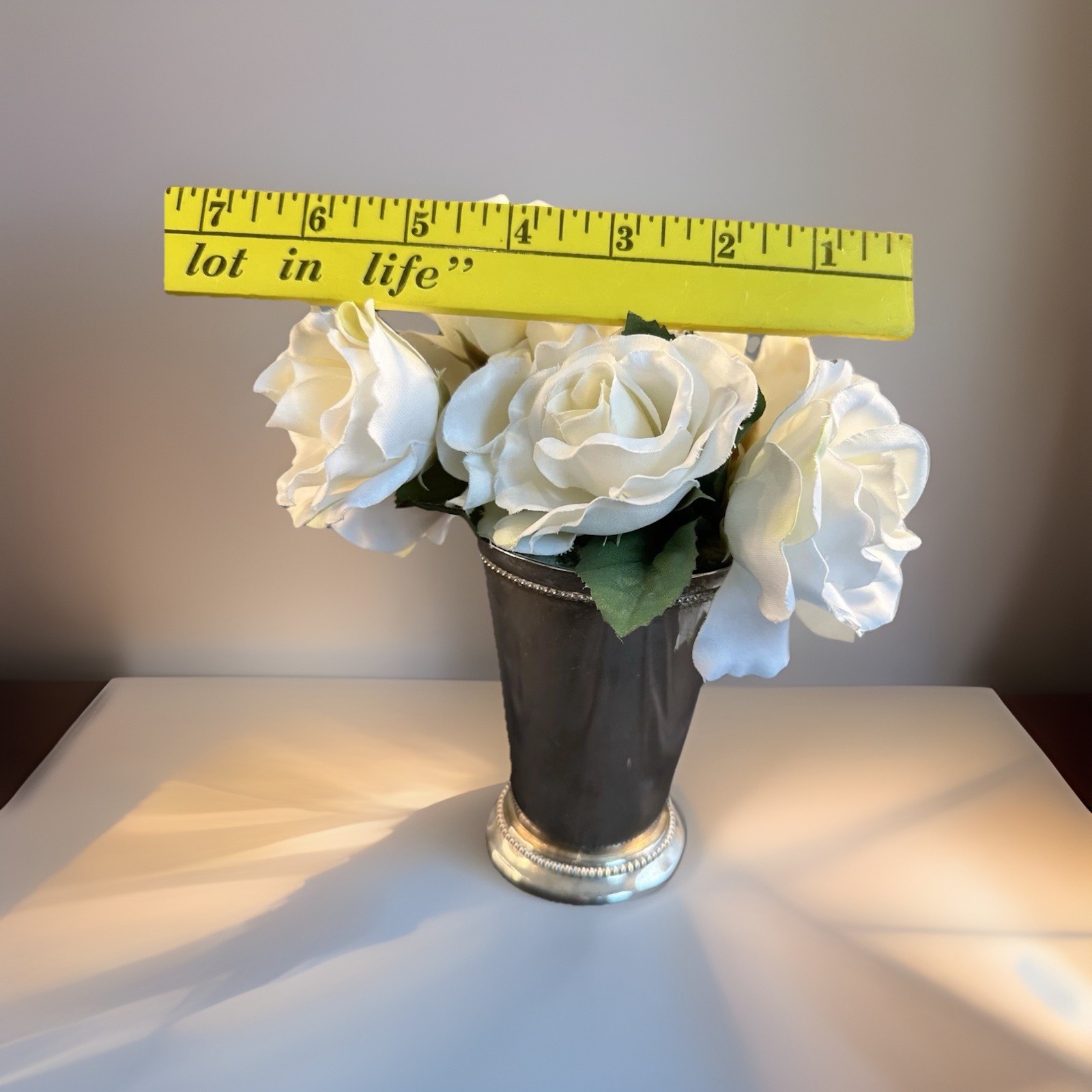 White Silk Flower Arrangement Rose Bouquet Sm Silver Tone Vase Table Centerpiece
