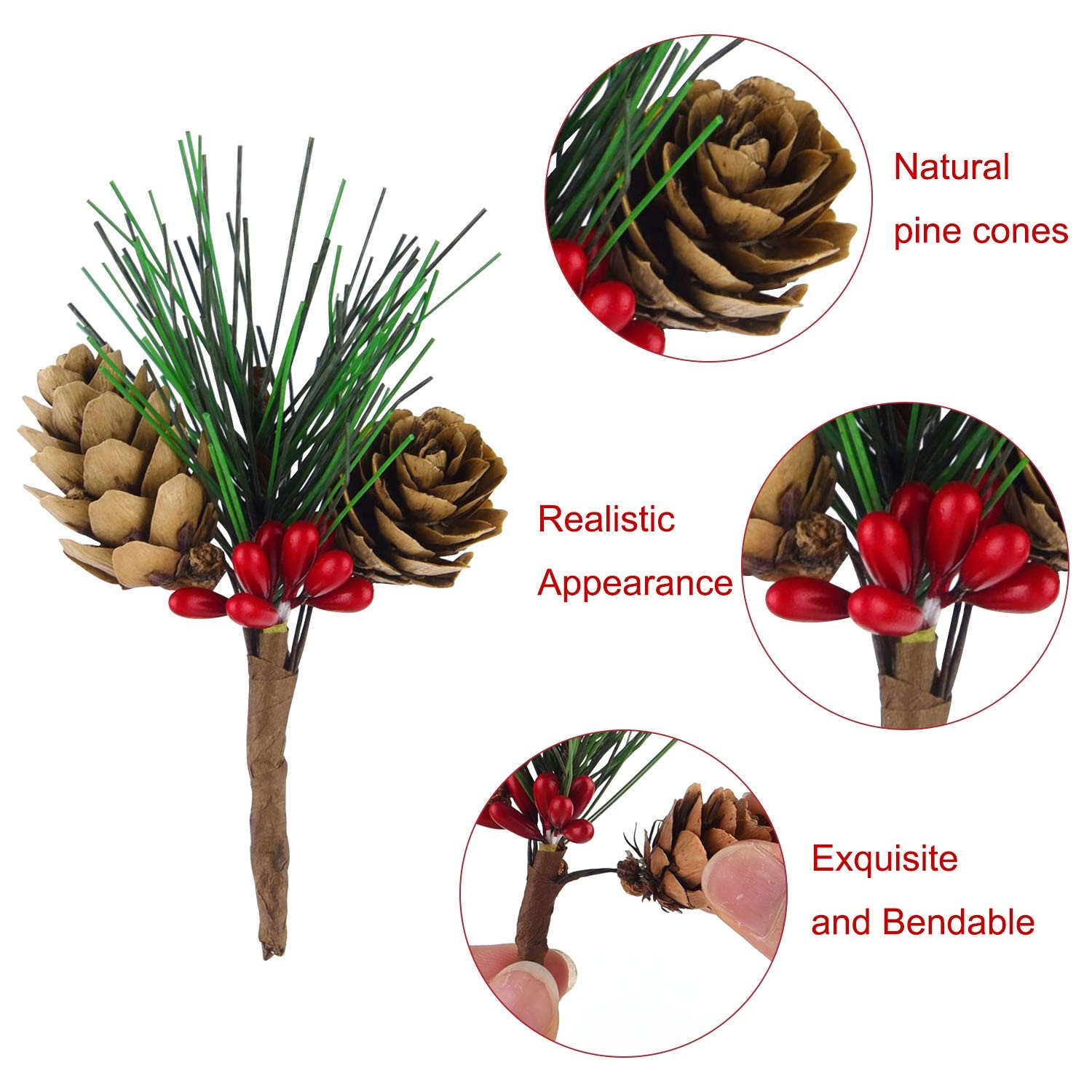 15 Pcs Artificial Pine Cone Picks and Red Berry Mini Artificial Pine Tree for…