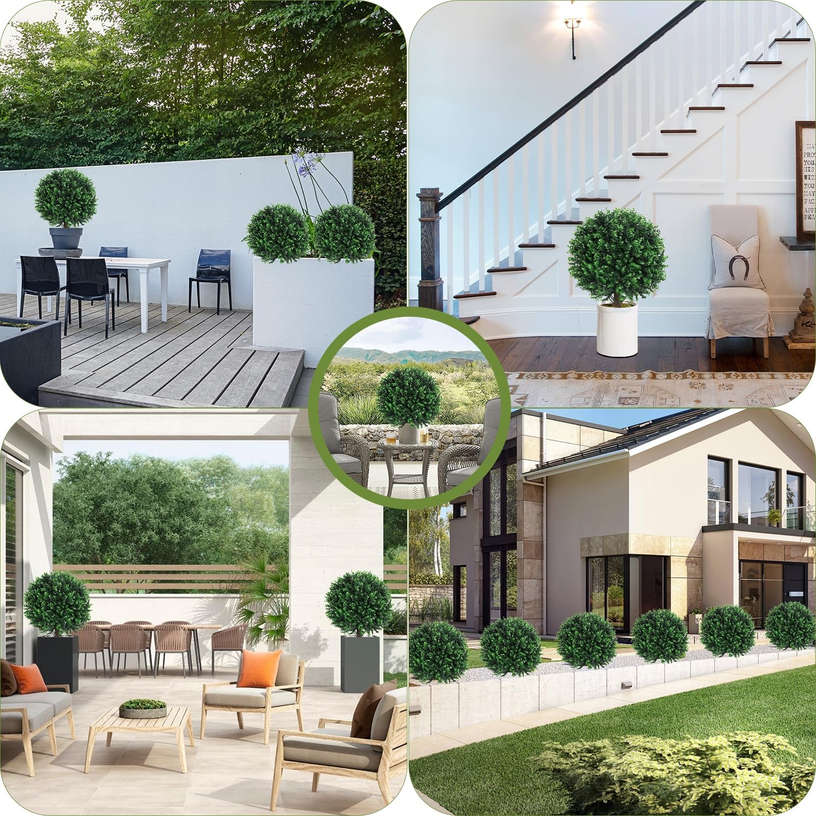 Artificial Green Boxwood Topiary Ball Bush for Outdoor with Spike, Set of 2 U…