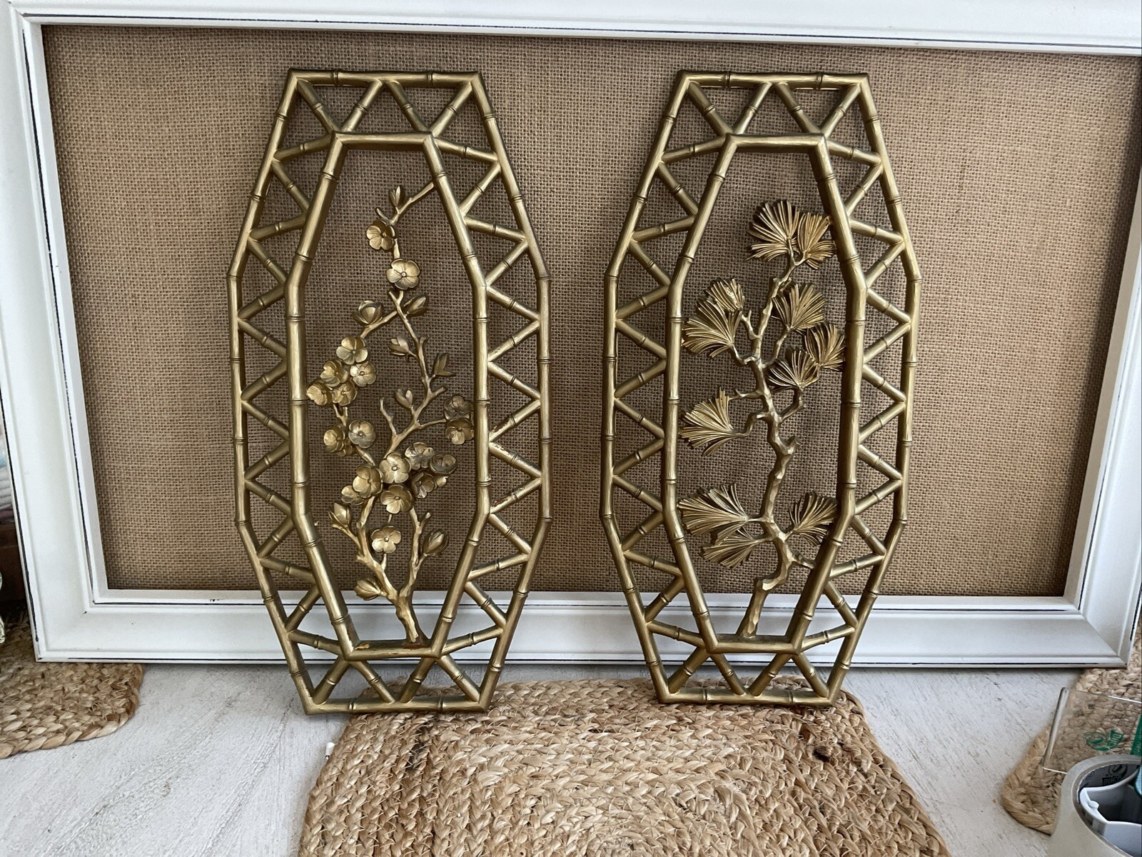 Vtg Syroco Pair Bamboo Floral Wall Plaques Dart 7412 A & B Homco 15.5″