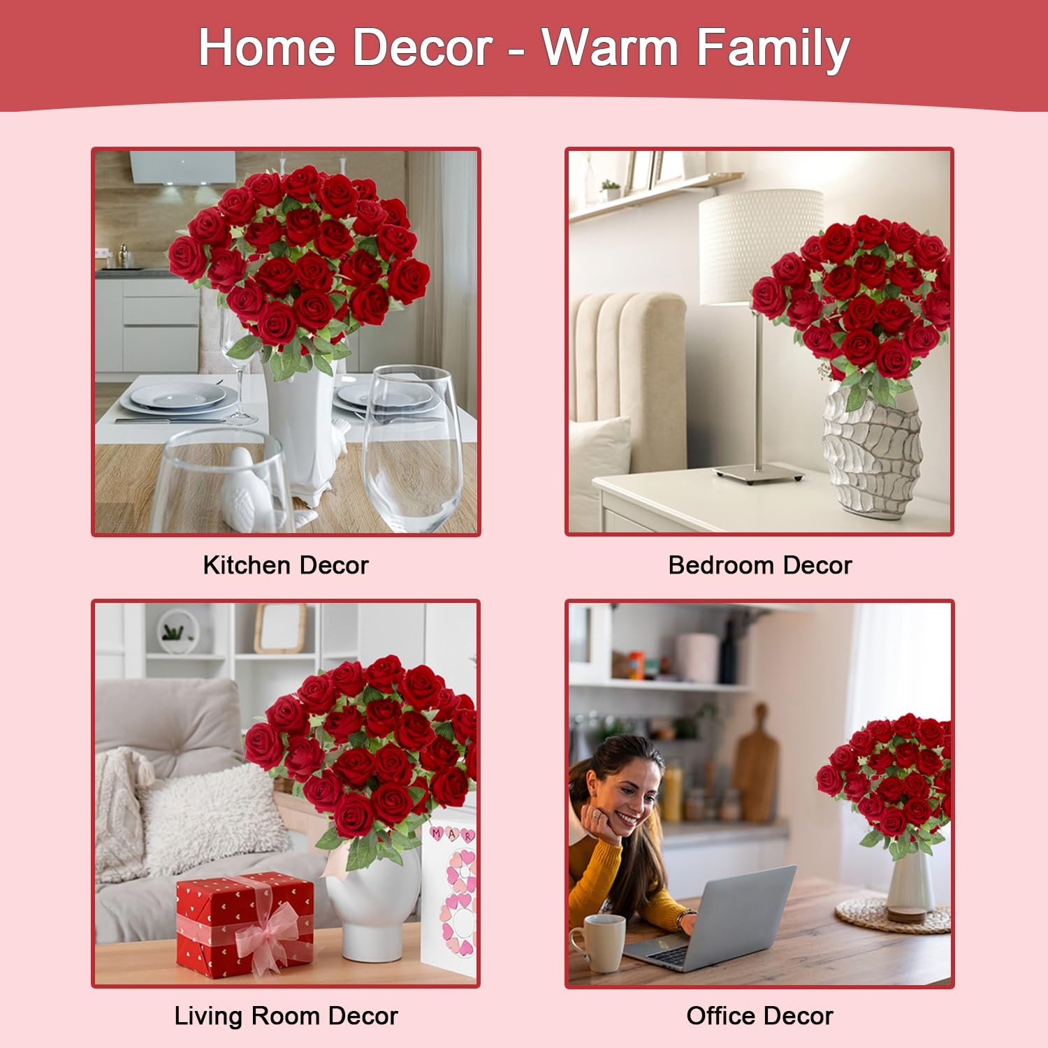 12Pcs Red Roses Artificial Flowers Fake Roses Faux Velvet Silk Flower for Hom…
