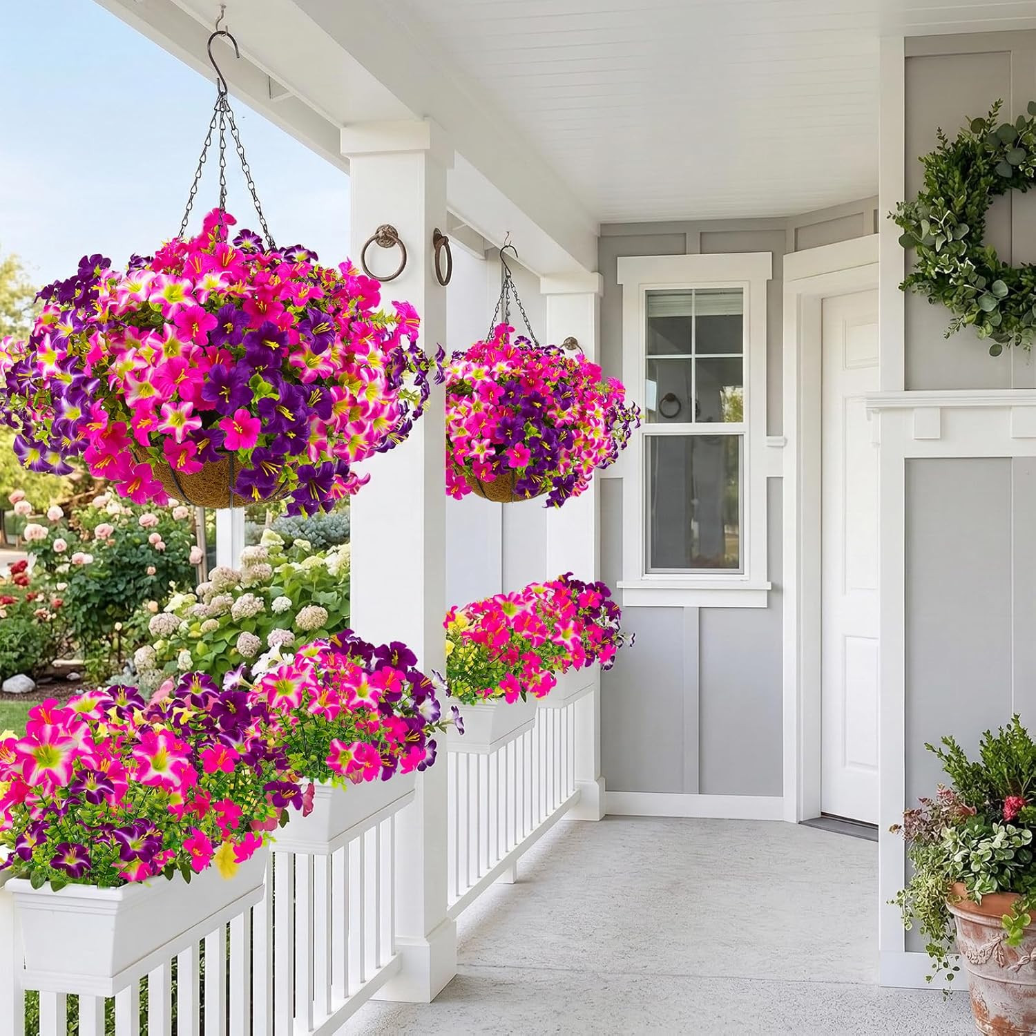 2 Set Artificial Outdoor Petunias Flowers with Hanging Baskets, 24 Pcs UV Resist