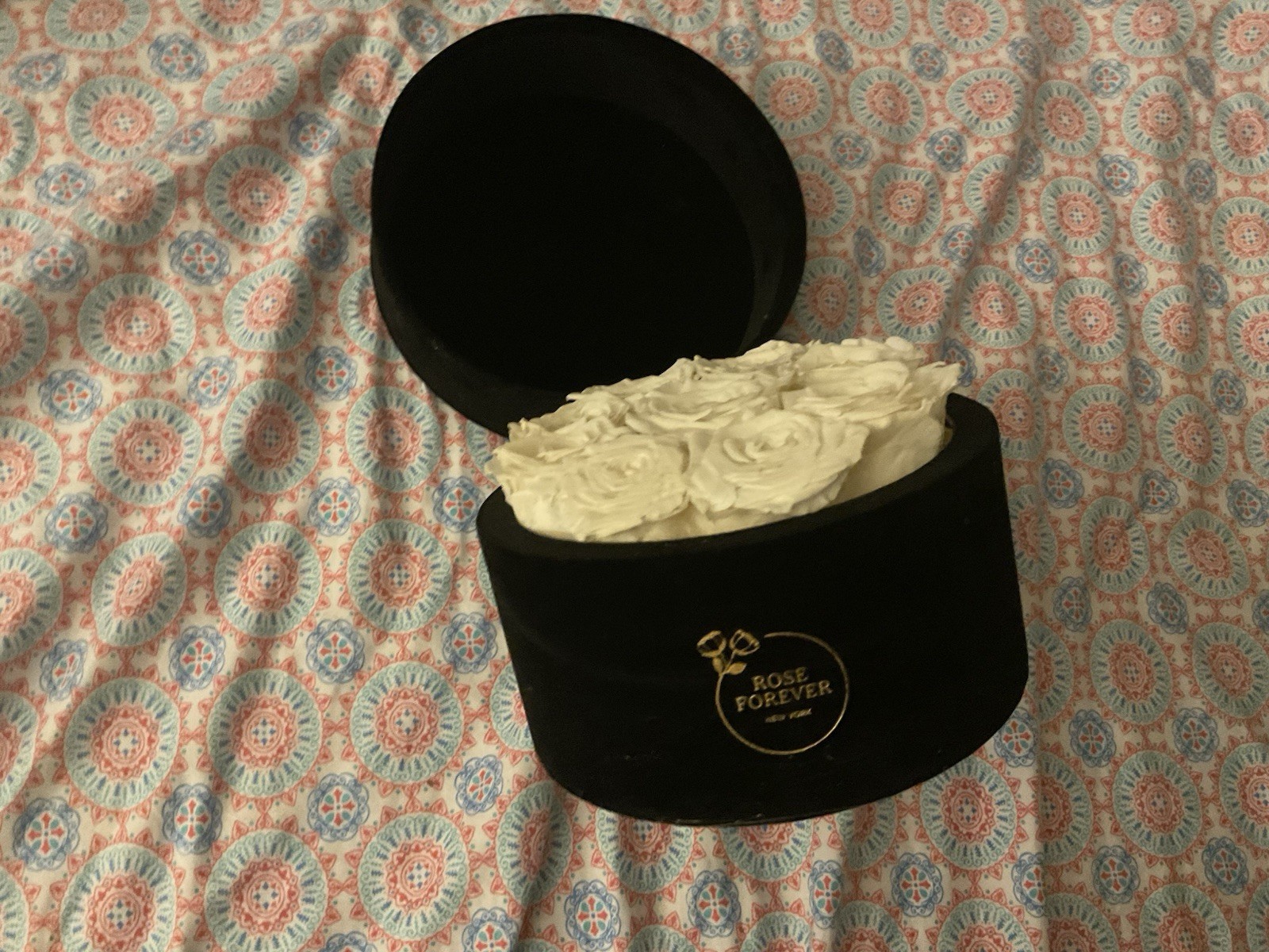 Rose Forever, Nyc 16 Ivory Roses In A Black Round Velvet Box