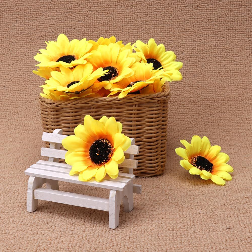 25 Pcs Small Fake Sunflower Heads Faux Yellow Flower Heads Fabric Daisy Flowe…