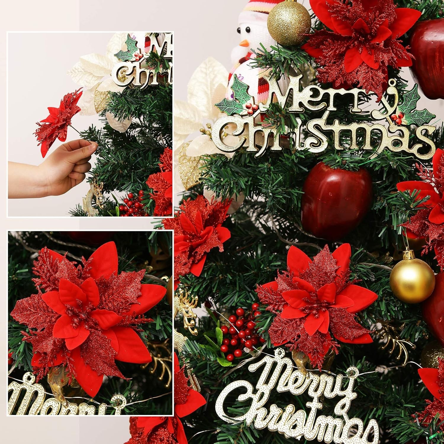 12 Pcs Glitter Poinsettia 5.5″ Artificial Flowers Christmas with Clips Stems …