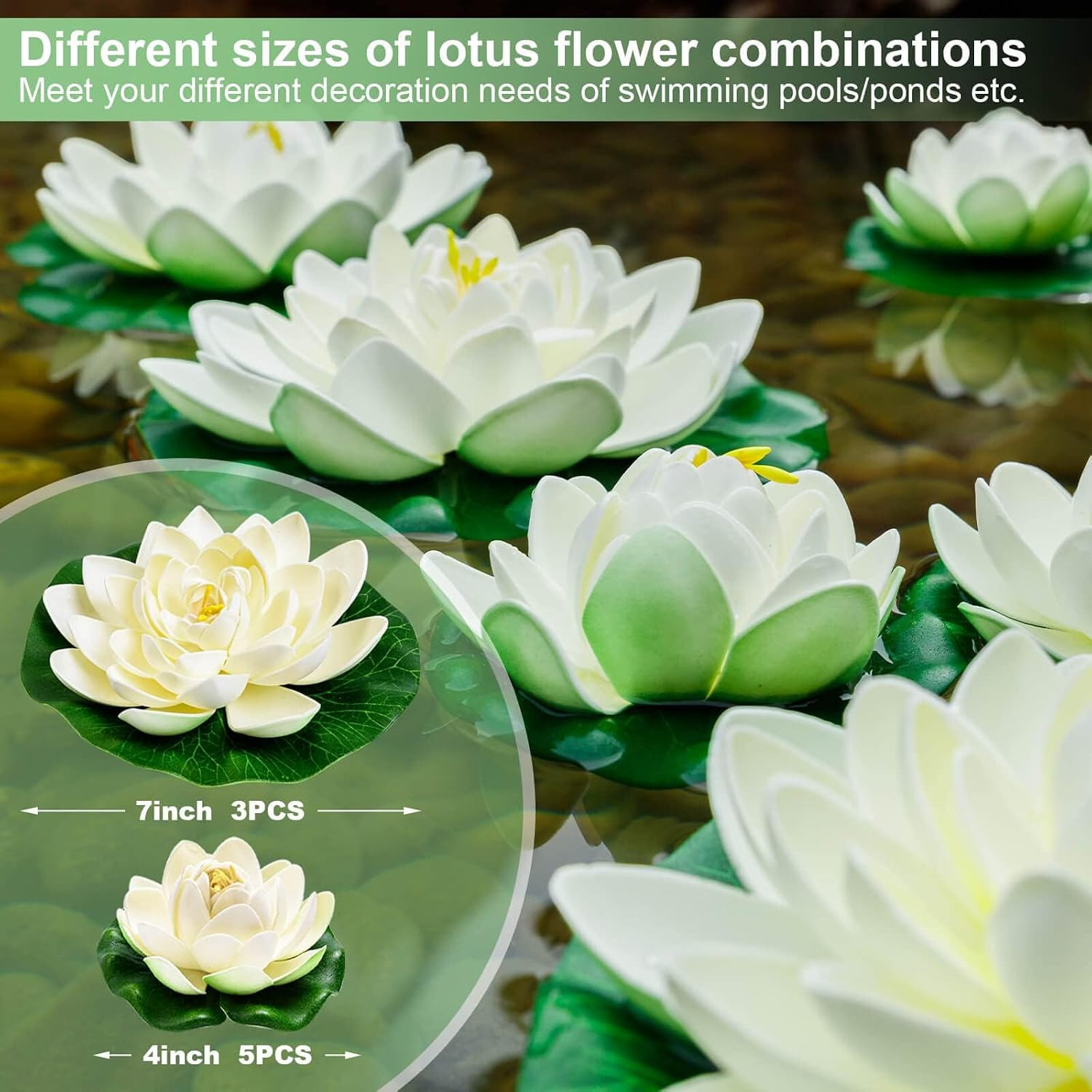 8Pcs Artificial Lotus Flower Decor, 7Inch & 4Inch Floating Foam Lotus Flowers, O