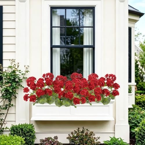 2 Pcs Artificial Geraniums for Outdoors 23” Faux Flowers Red Silk Geraniums UV