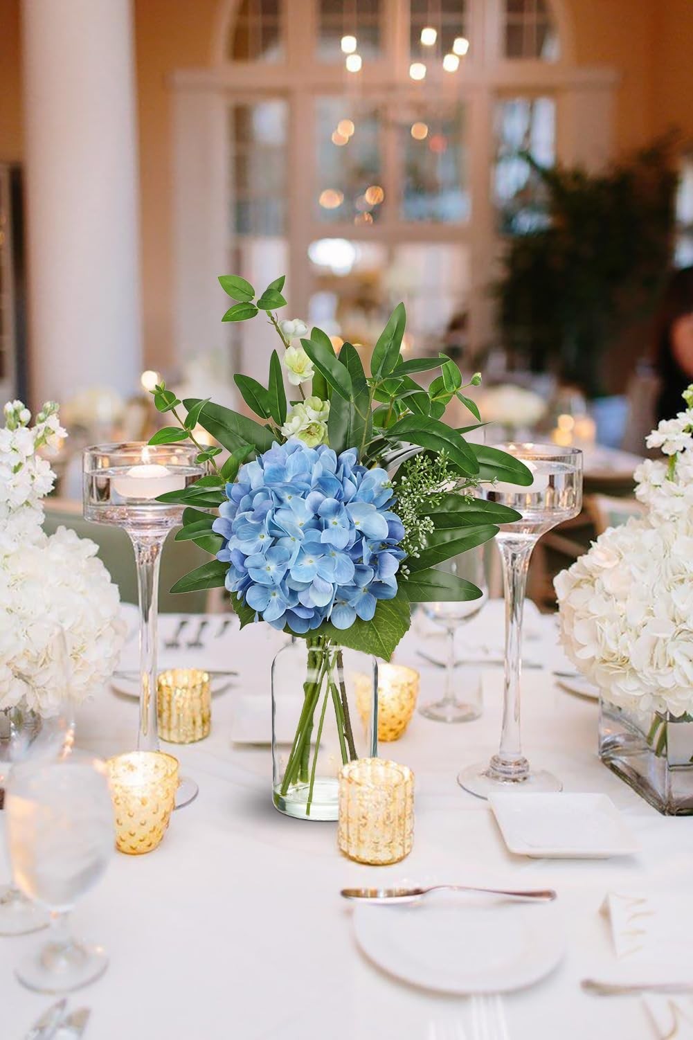 17″ Blue Hydrangea Artificial Flowers in Vase With Faux Water, UV Protected F…