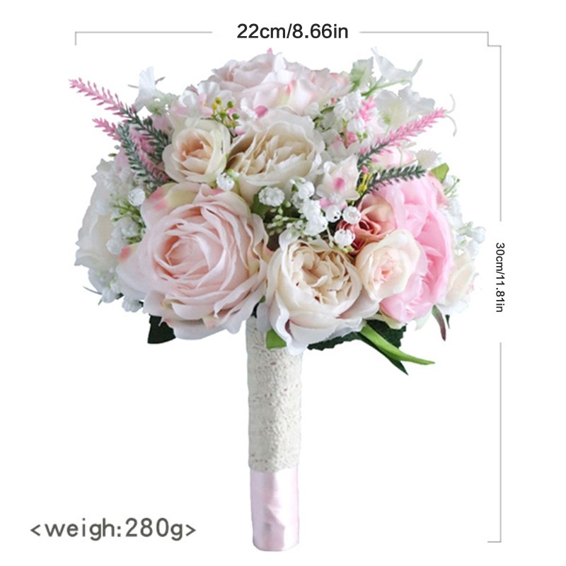 Artificial White/Pink Flower Bouquet with Green Leaves Fake Silk Floral