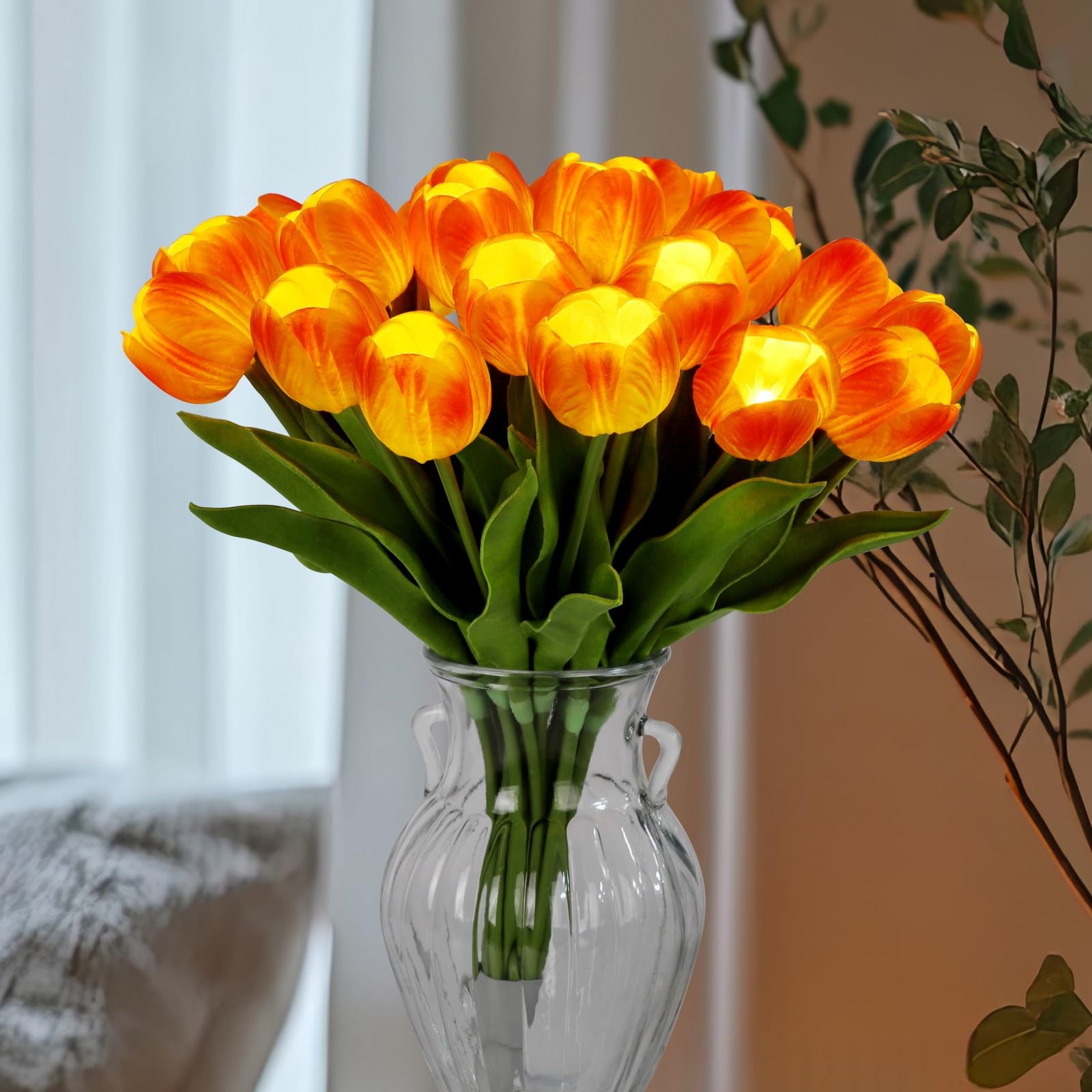 20 Stems LED Lighted Artificial Flowers Tulip Lamp Real Touch Tulips Faux Flo…