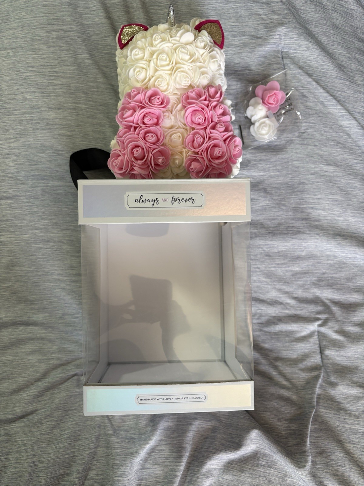 Artificial Foam Rose Bear Unicorn Figurine, White Pink Silver Multicolor , 9 in