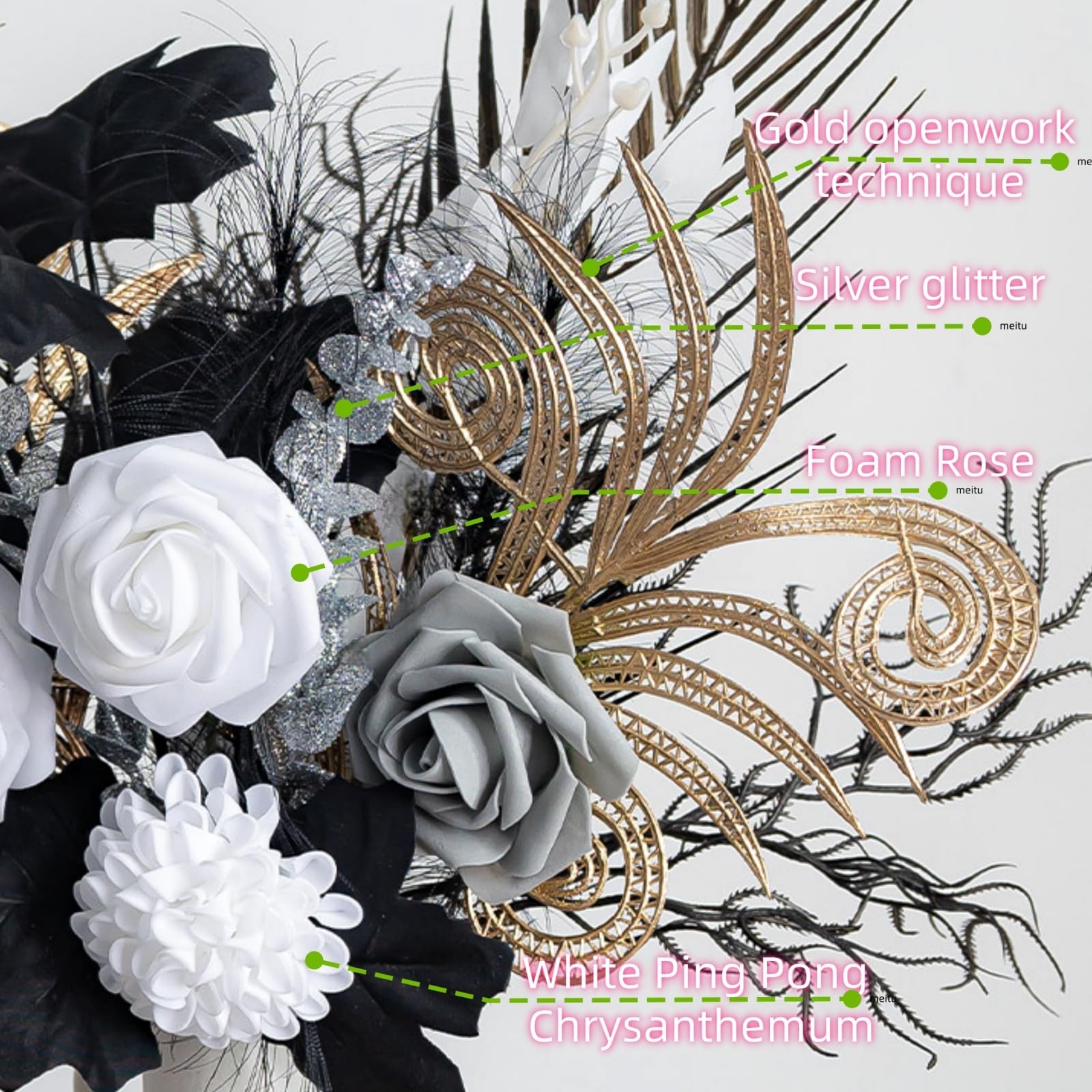 Metallic Black Gold Artificial Flowers 14 PCS Silk Rose Bouquet Gothic 17 Inch