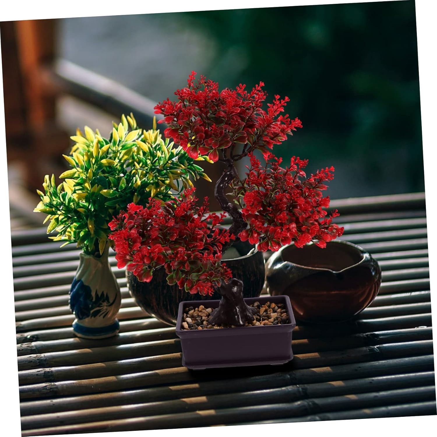 Home Decor Artificial Bonsai Tree Red Small Fake Plants Decor Indoor Faux Pot…