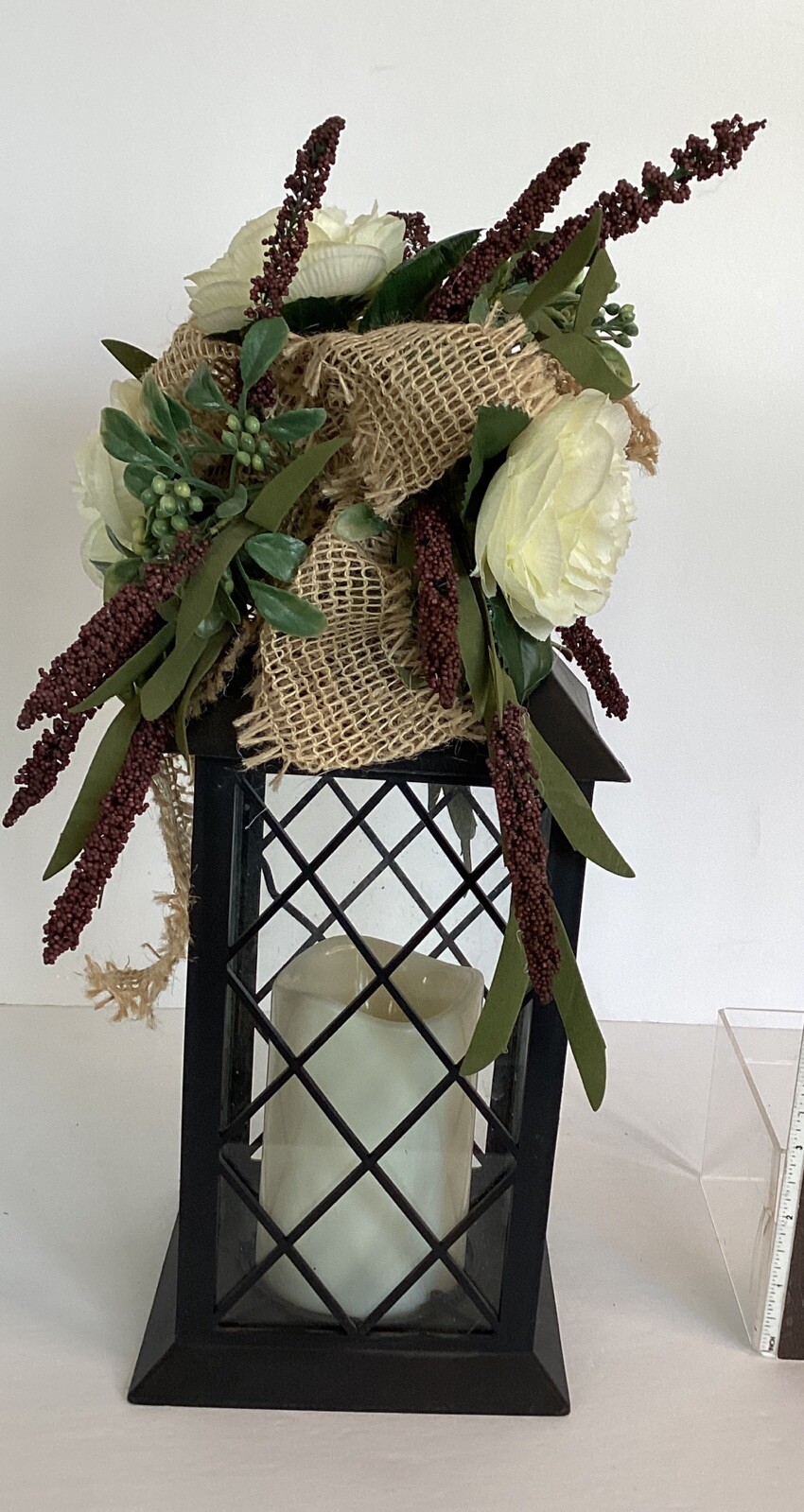 Multi Color Light Lantern with Flowers and Burlap Indoor Outdoor Decor 14.4″