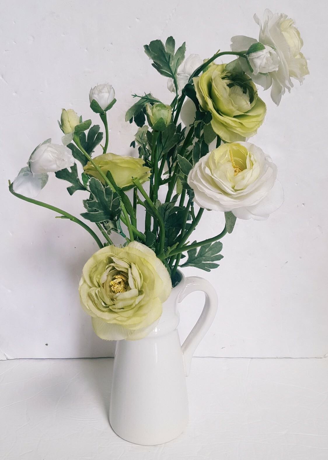 Artificial flowers White Green Ranunculus with white vase with handle Nice