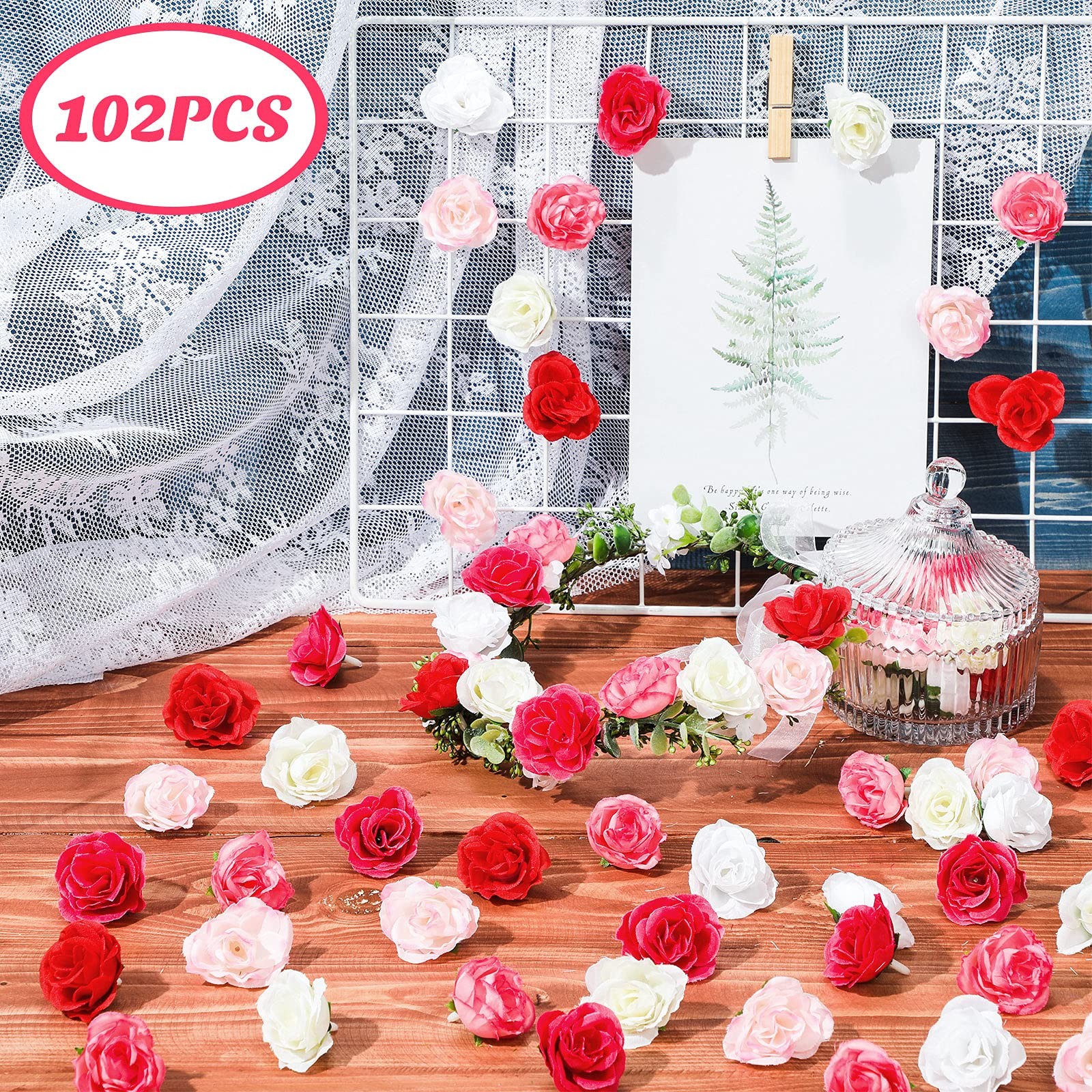 102 PCS 1.4 Inch Mini Fake Rose Flower Head Artificial Silk Craft Decor Mix