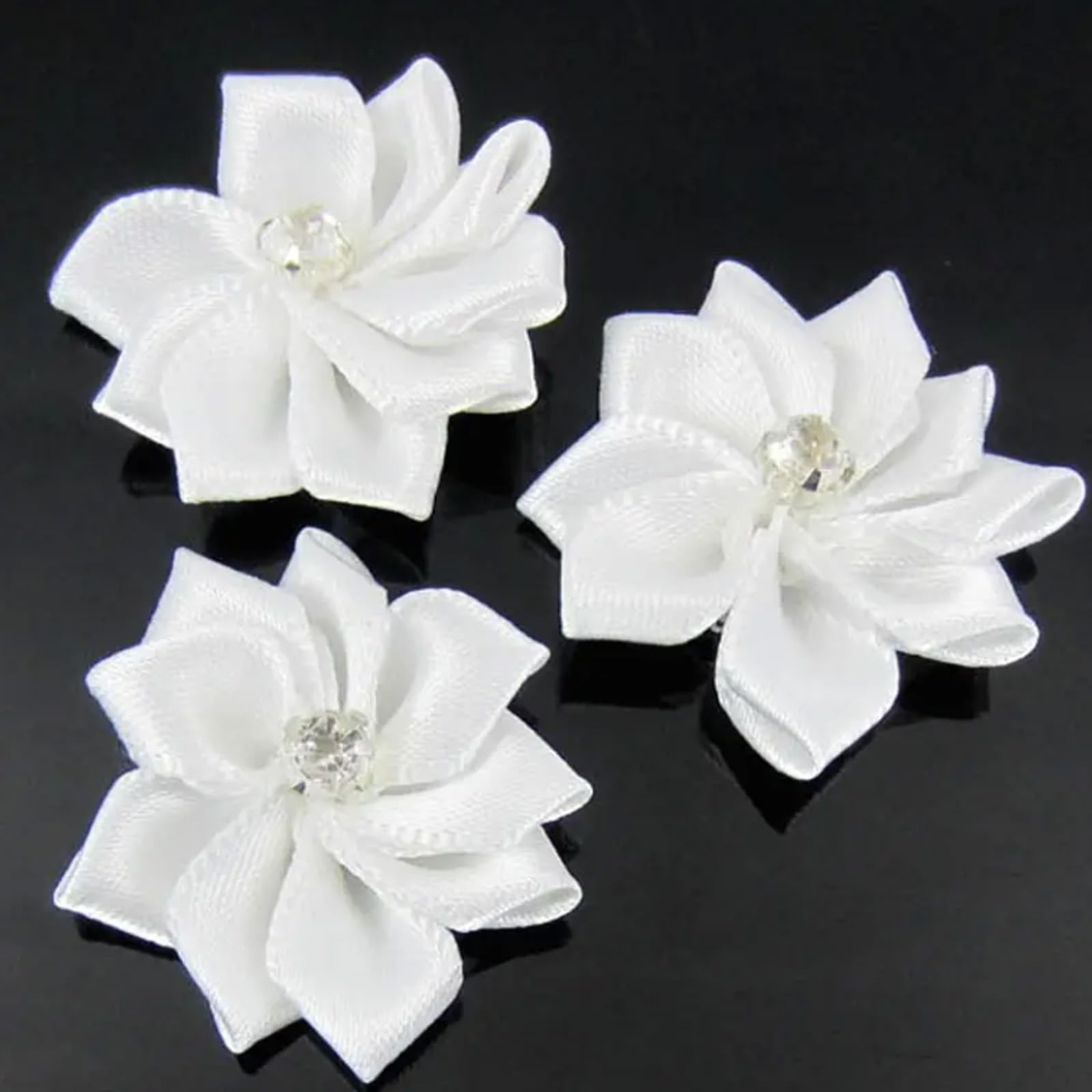 50 PCS White Satin Ribbon Flowers 1 Inch Small Rhinestone Center Applique